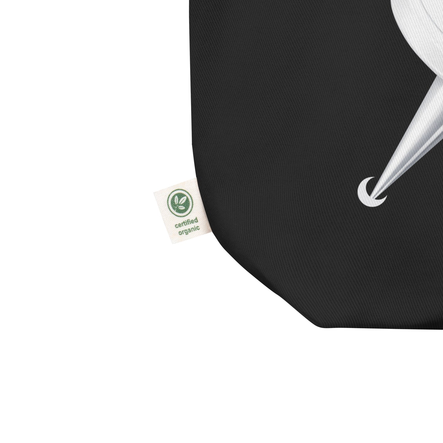 Black tote bag with a certified organic label on a white background.