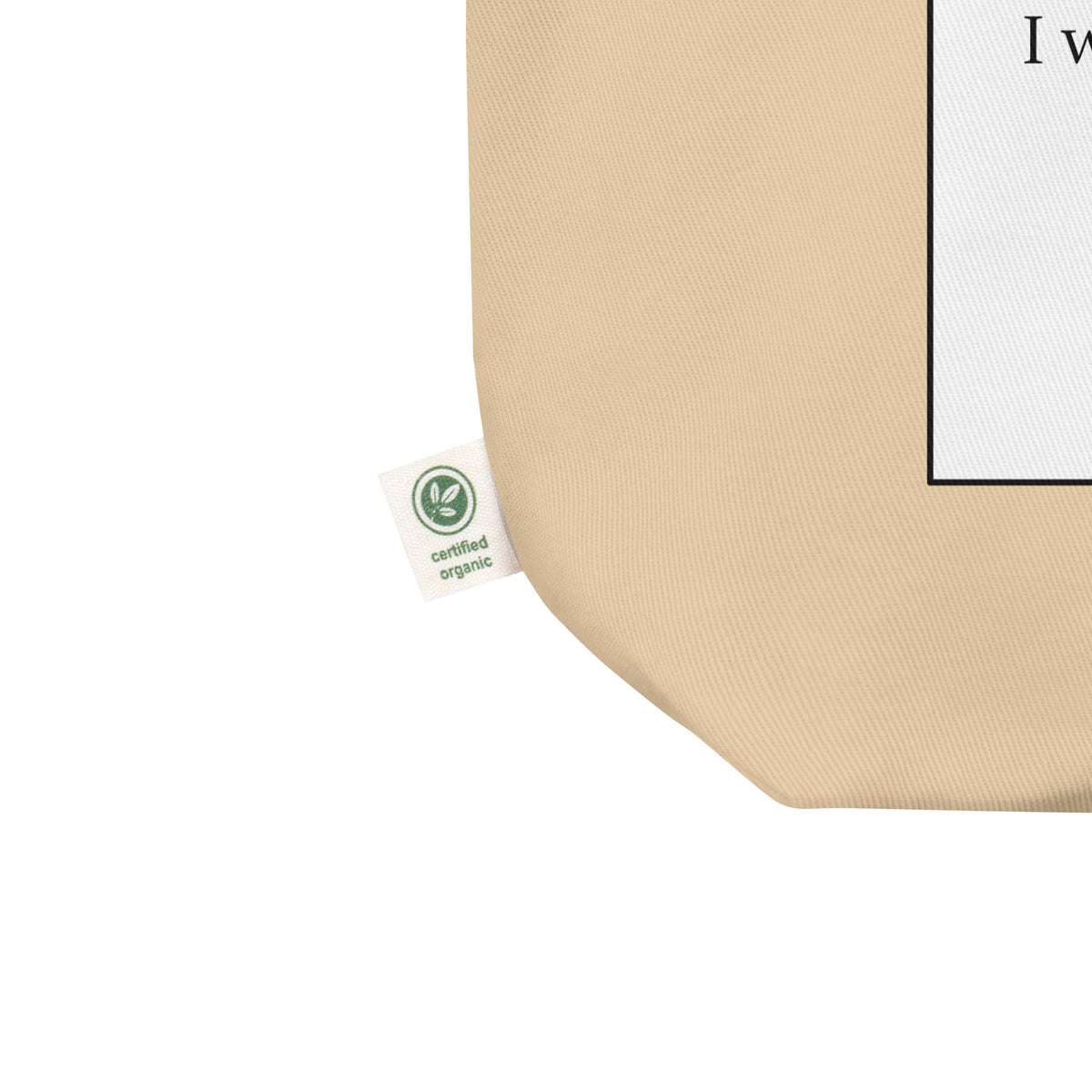 Classic oyster Beige eco tote bag with a certified organic label on a white background.