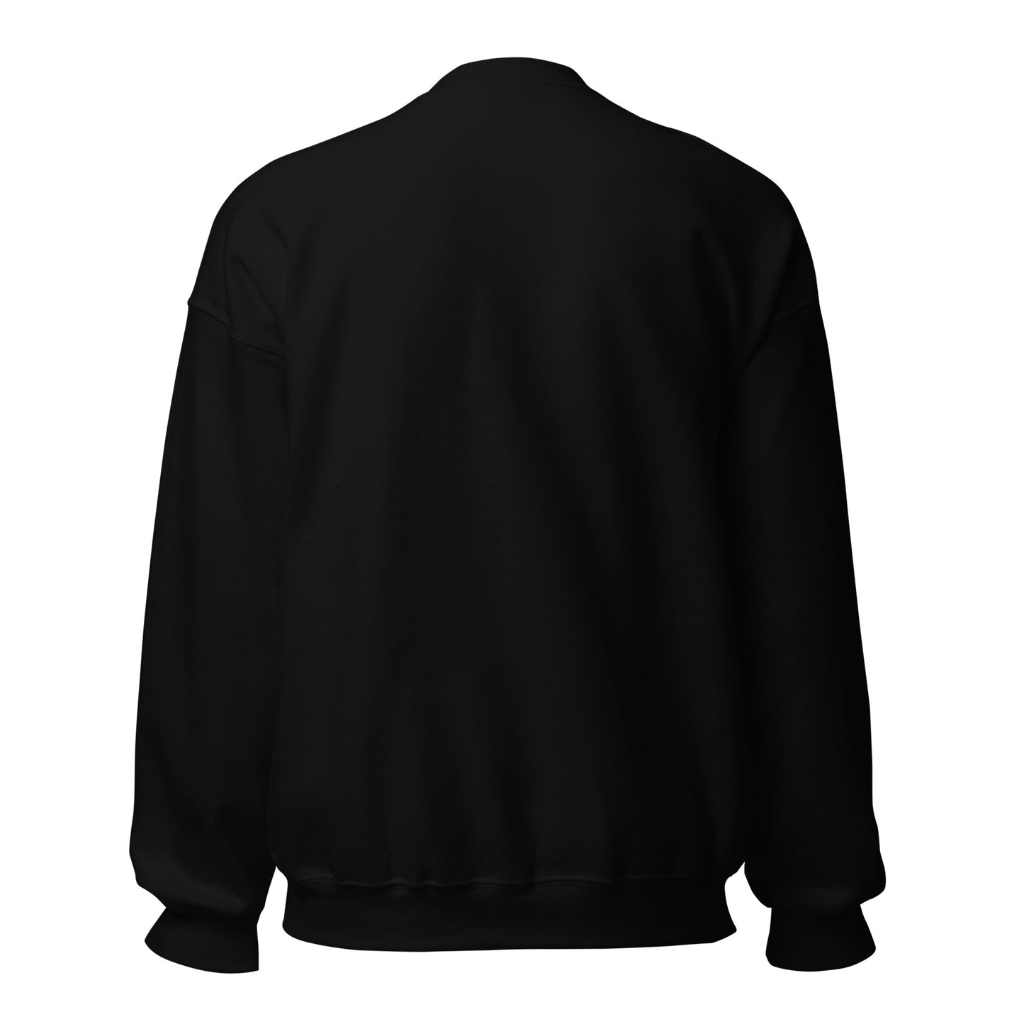 The back view of a unisex black classic crew neck sweatshirt jumper.