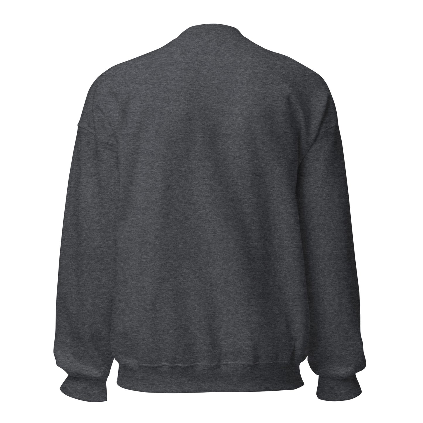 The back view of a unisex dark heather grey classic crew neck sweatshirt jumper.