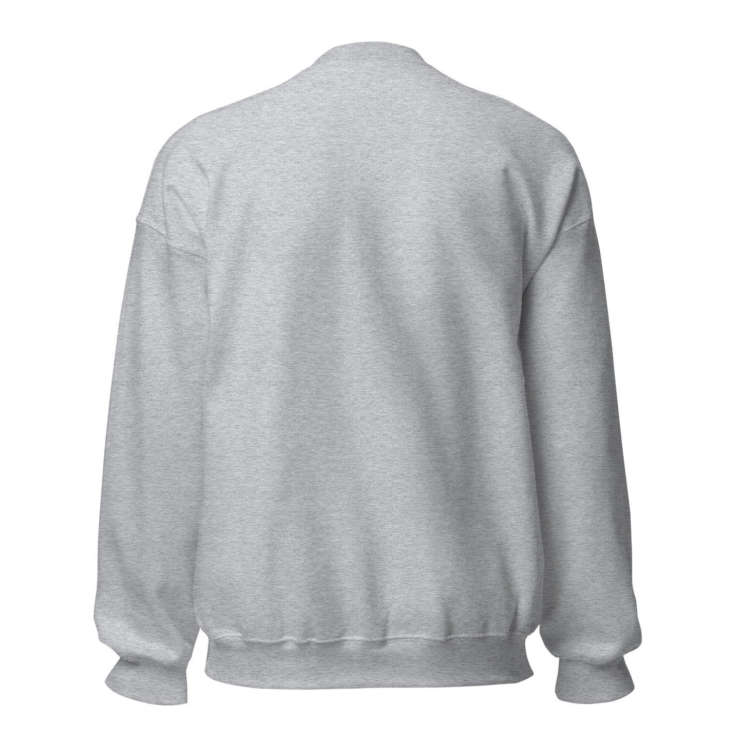 The back view of a unisex grey classic crew neck sweatshirt jumper
