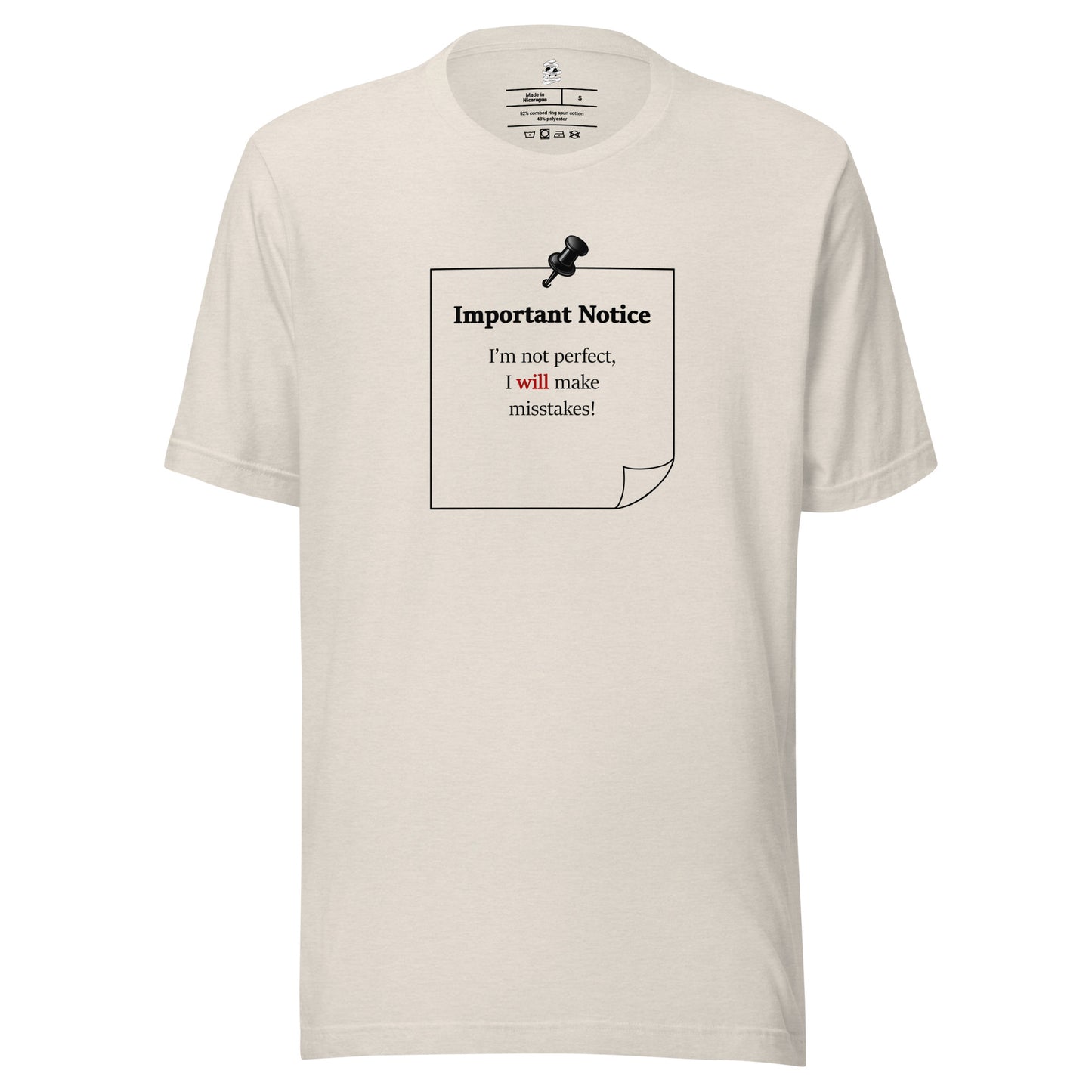 Heather prism dust unisex inspirational slogan T-shirt featuring pushpin graphic and pinned note with quote “Important Notice: I’m not perfect, I will make mistakes.”