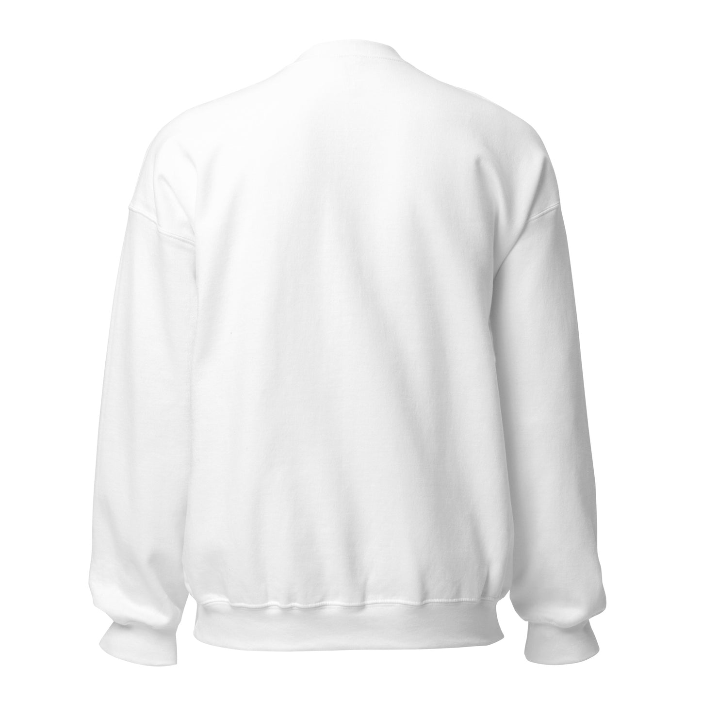 The back view of a unisex classic crew neck white sweatshirt jumper