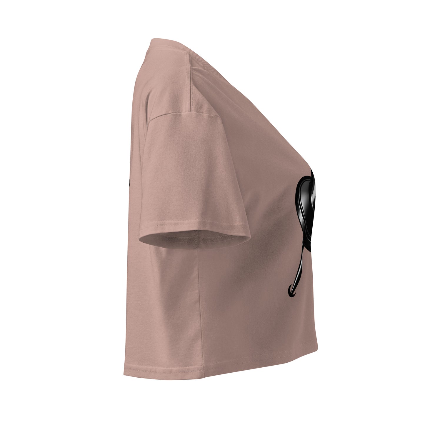 Right side view of hazy pink women's cotton crop top featuring a side view of a black push pin graphic.