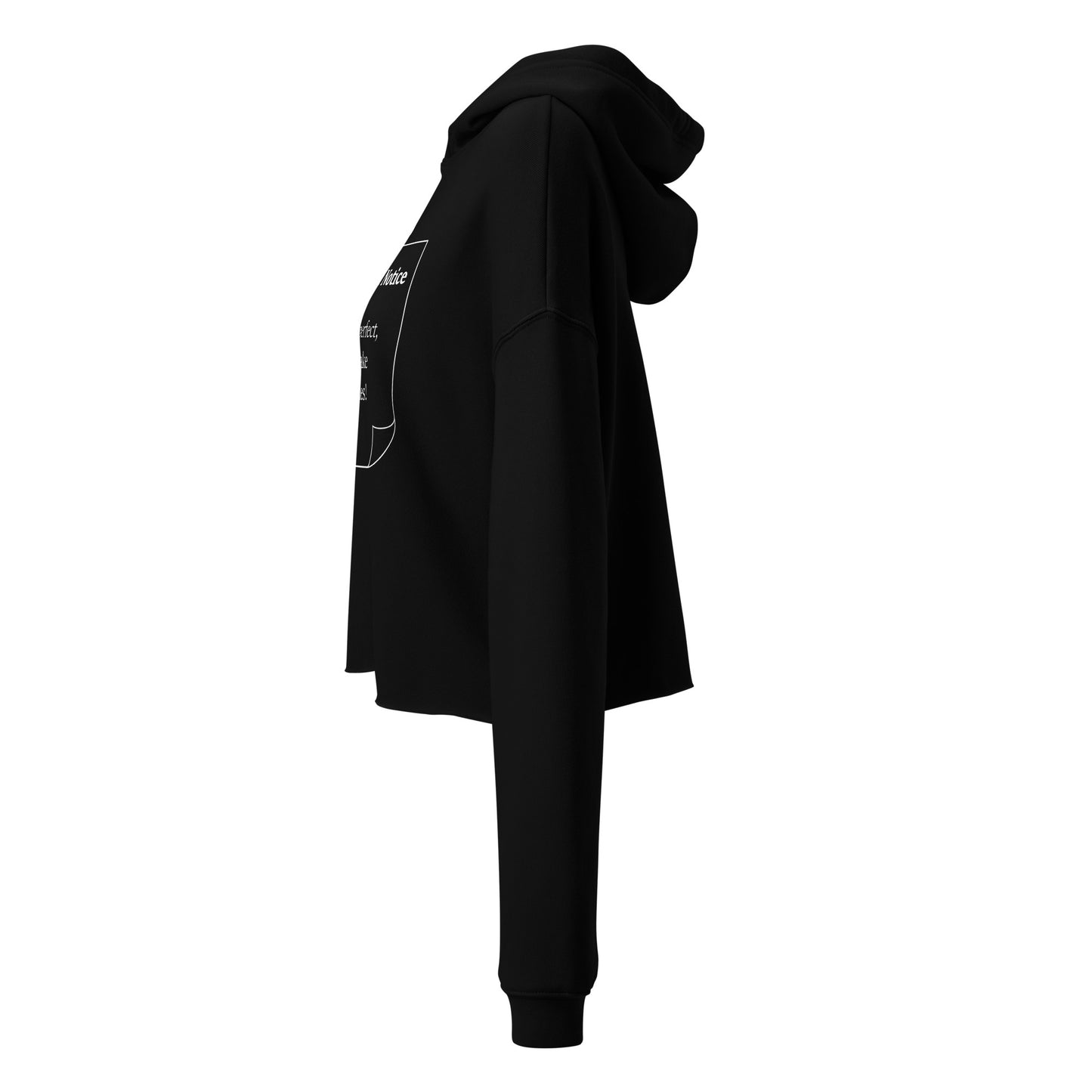 The side view of a woman’s black hoodie cropped sweatshirt jumper.