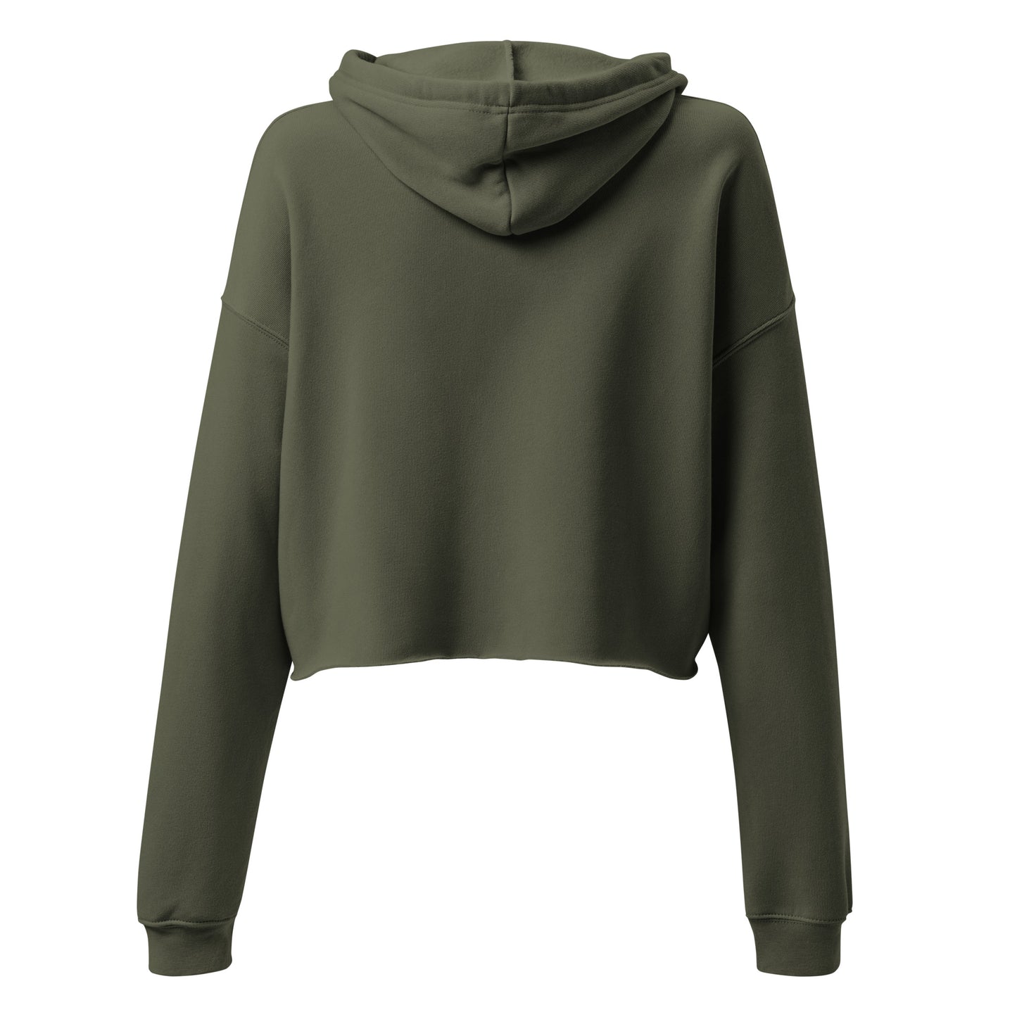 The back view of a woman’s military green hoodie sweatshirt cropped jumper.