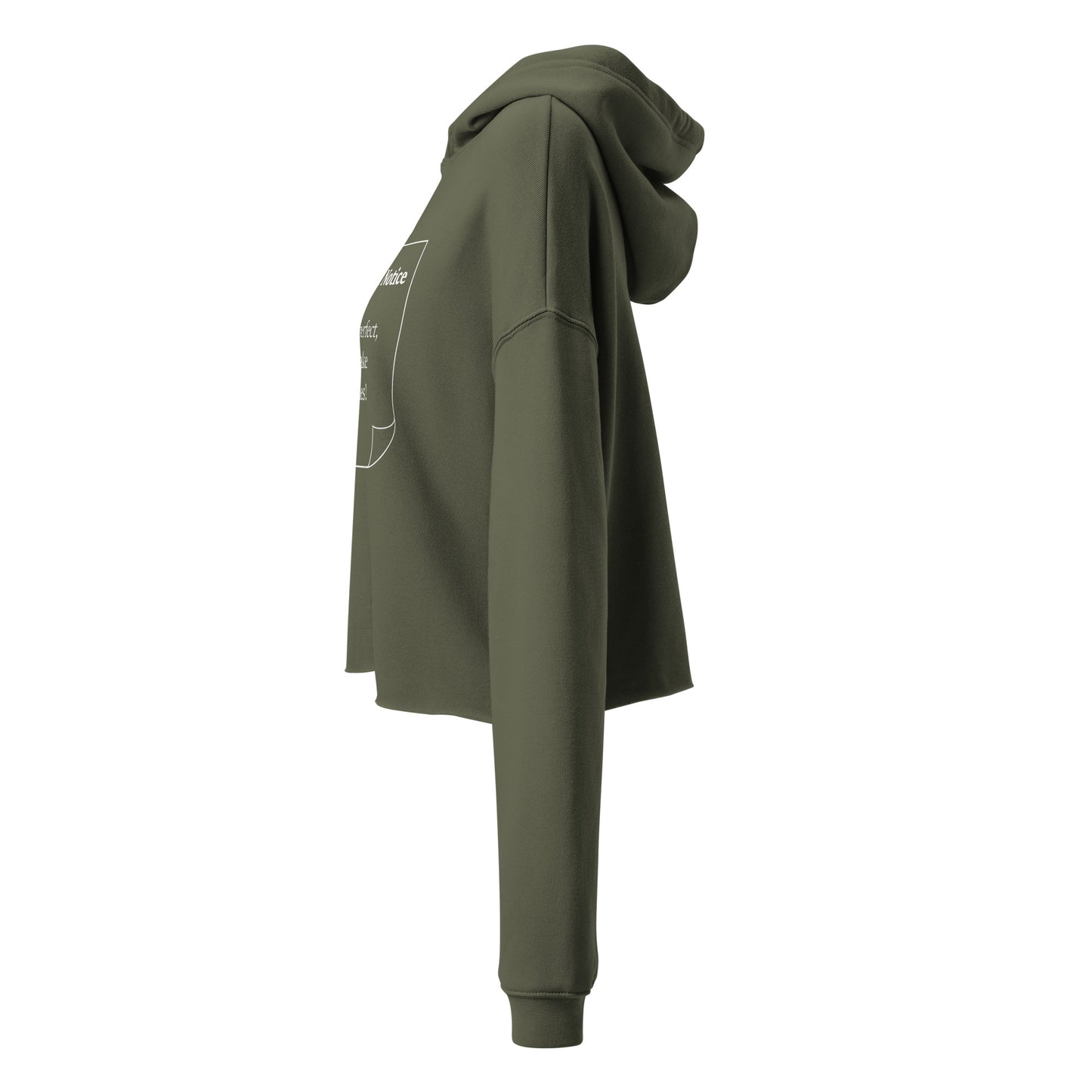 The side view of a woman’s military green hoodie sweatshirt cropped jumper