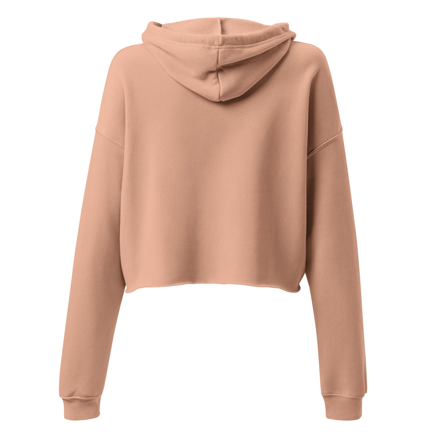 The back view of a woman’s peach hoodie cropped sweatshirt jumper.