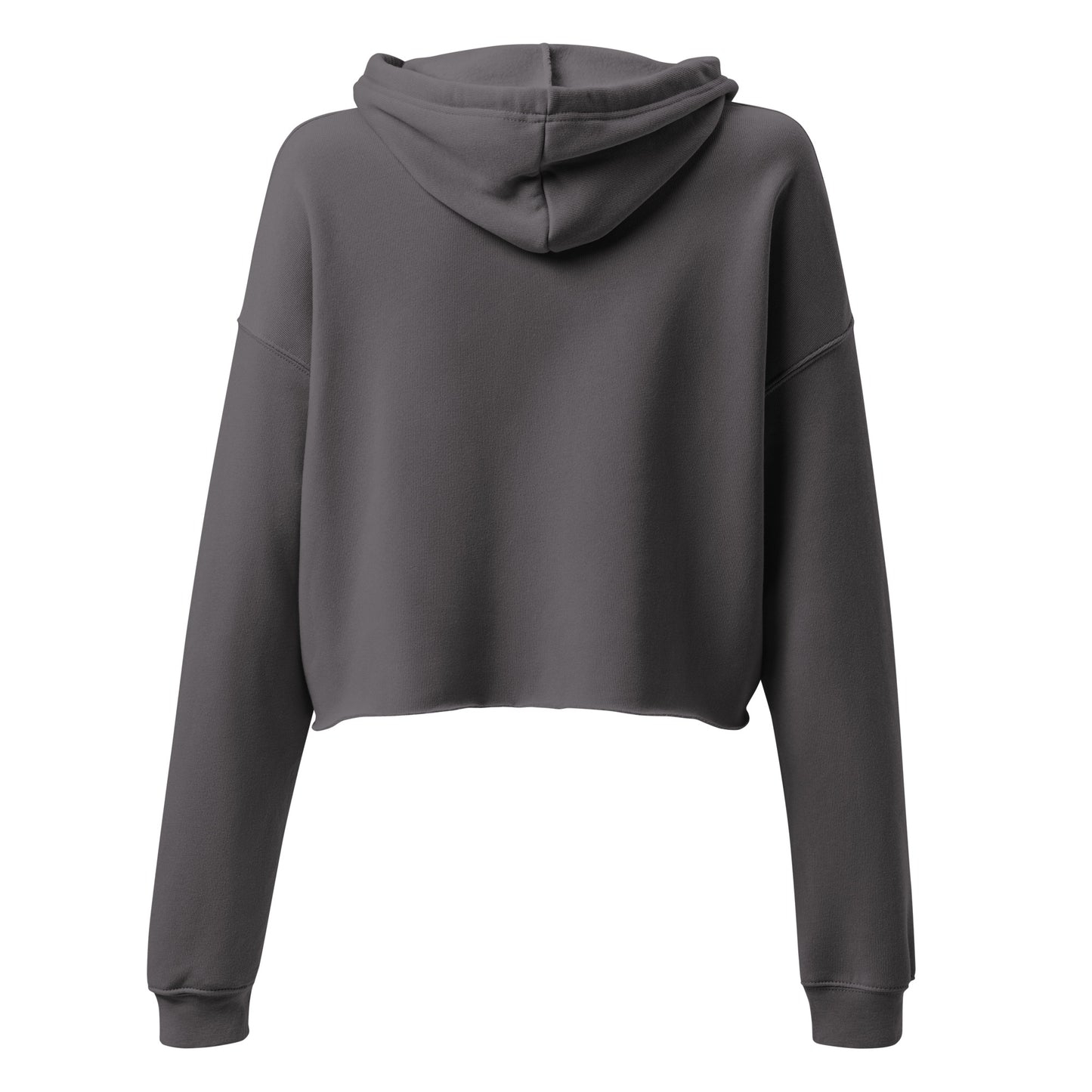 The back view of a woman’s storm grey hoodie sweatshirt cropped jumper.