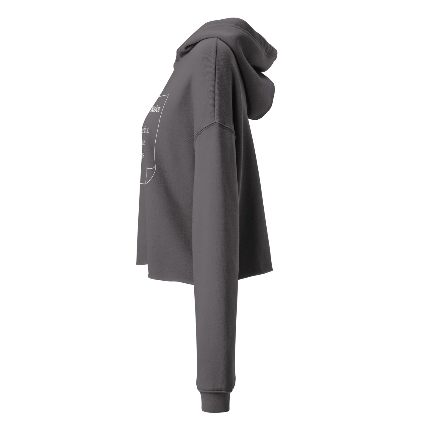 The side view of a woman’s storm grey hoodie sweatshirt cropped jumper