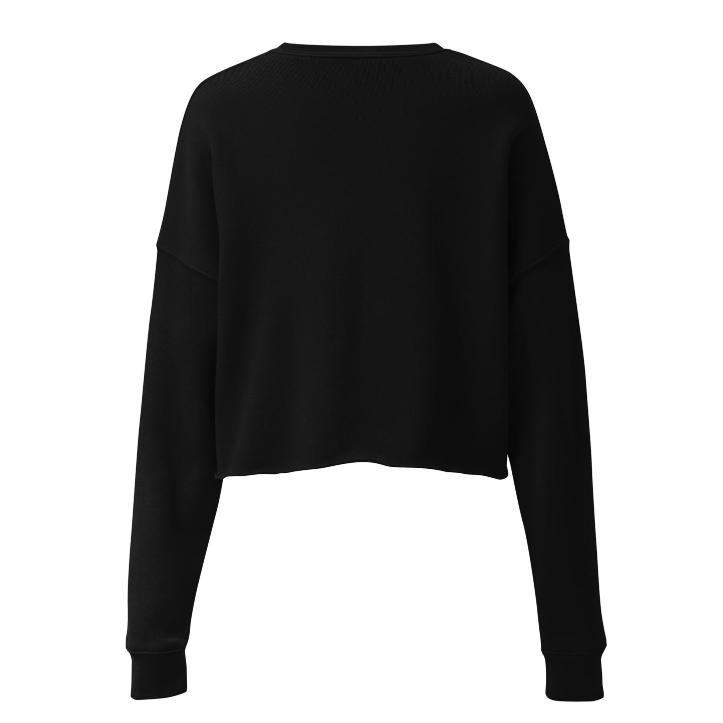 The back view of a woman’s black cropped fleece sweatshirt jumper.