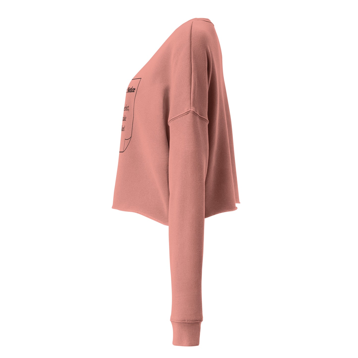 The side view of a woman’s cropped fleece mauve sweatshirt jumper.
