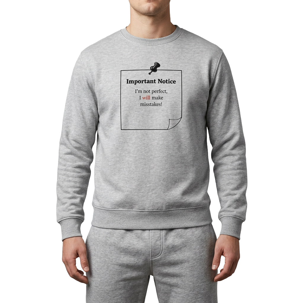 A man in cargo's wearing a black classic jumper, featuring a printed black-outlined square note with a black pushpin. The note displays the slogan: 'Important Notice: I’m not perfect, I will make mistakes,' with 'will' in bold red for emphasis.