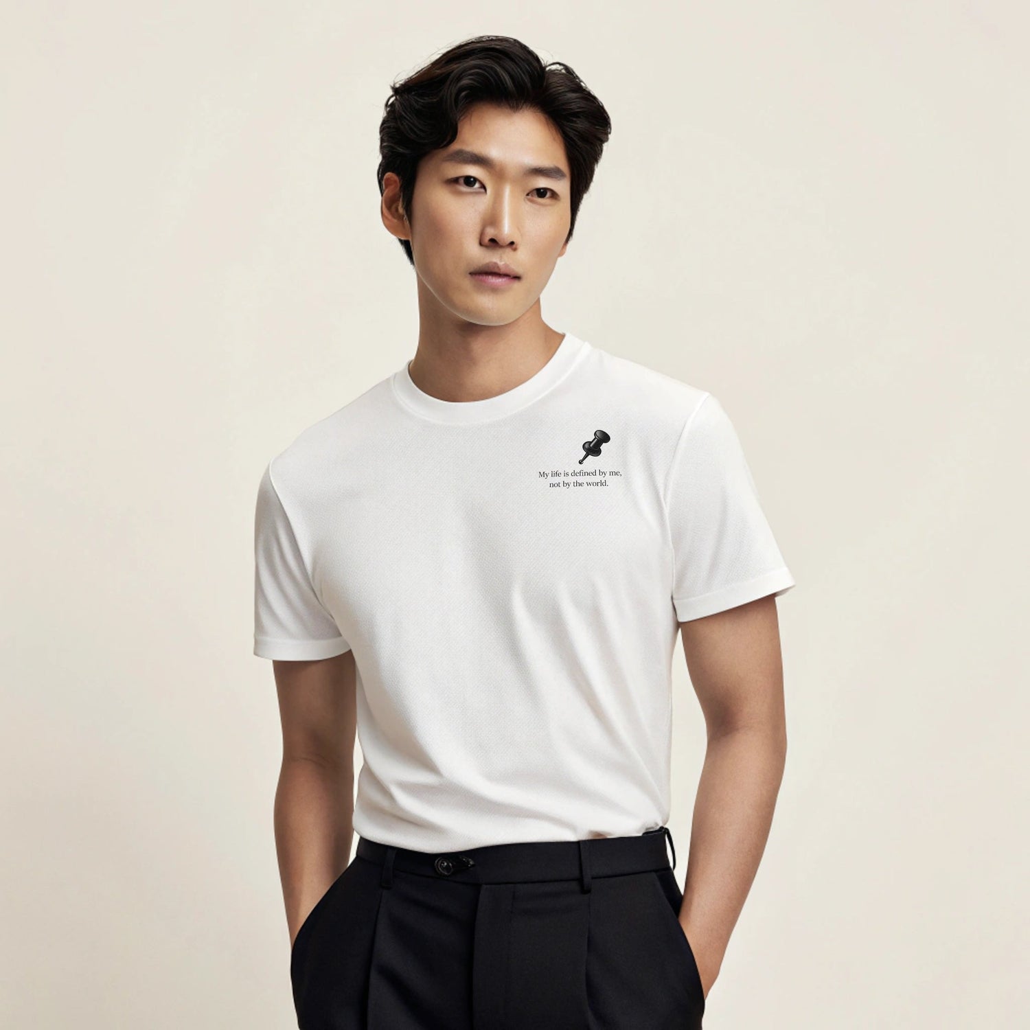 Man wearing a white classic cotton T-shirt featuring a black pushpin graphic and the slogan “Important Notice: My life is defined by me, not by the world.”