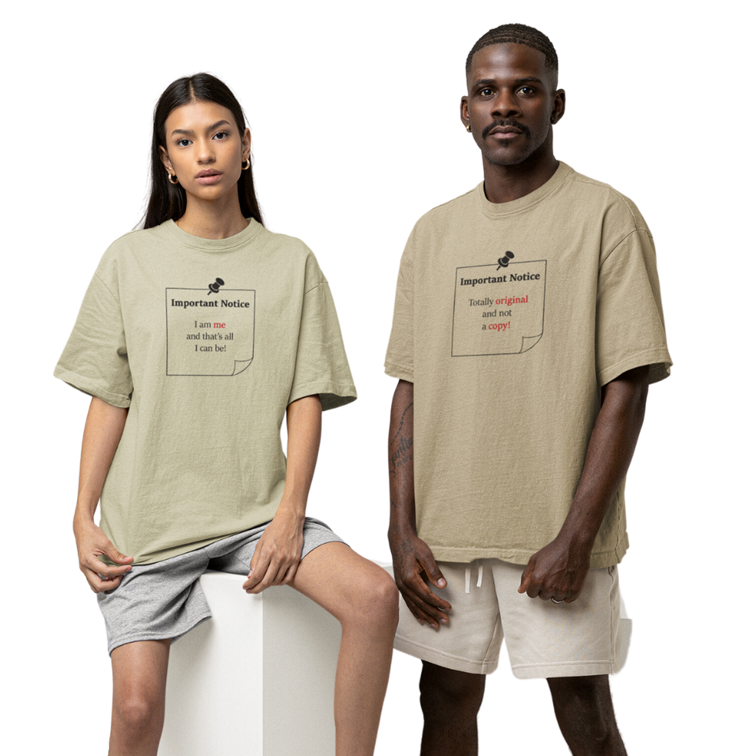 •	A man in shorts wearing a khaki oversized t-shirt and a woman in shorts wearing a eucalyptus oversized t-shirt. Both featuring a slogan: 'Important notice: I’m not perfect, I will make mistakes.