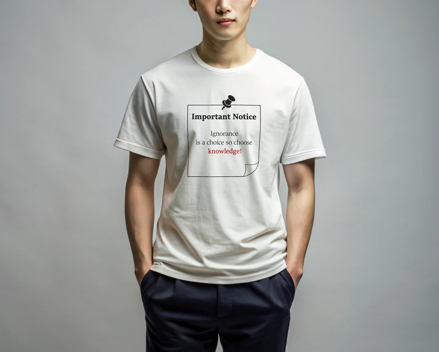 A man in trousers wearing a white classic cotton t-shirt featuring a printed black-outlined square note with a black pushpin. The note displays the slogan: 'Important Notice: Ignorance is a choice so choose knowledge,' with 'knowledge' in bold red.