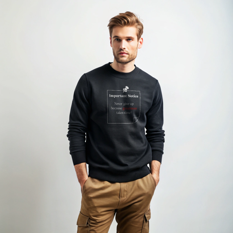 A man in cargo's wearing a black classic jumper, featuring a printed black-outlined square note with a black pushpin. The note displays the slogan: 'Important Notice: I’m not perfect, I will make mistakes,' with 'will' in bold red for emphasis.