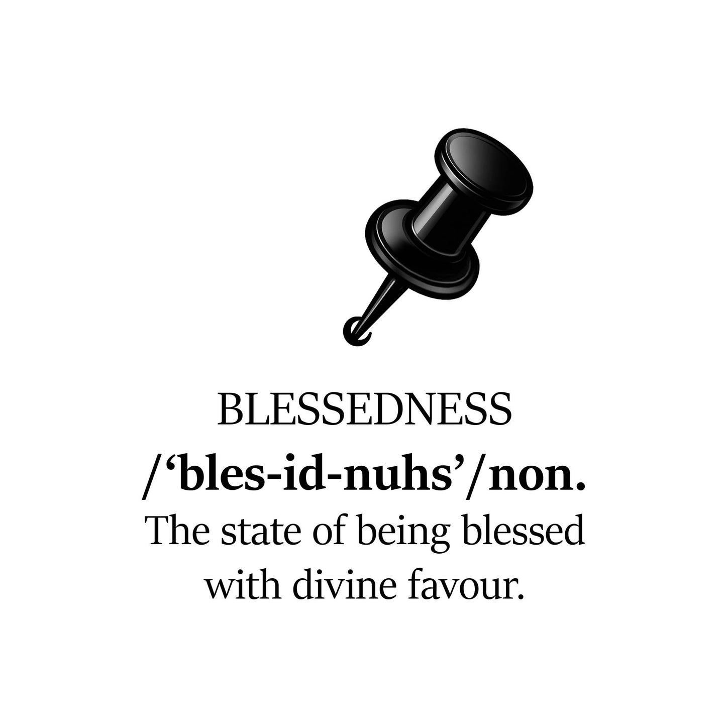 Black pushpin with definition text on a white background