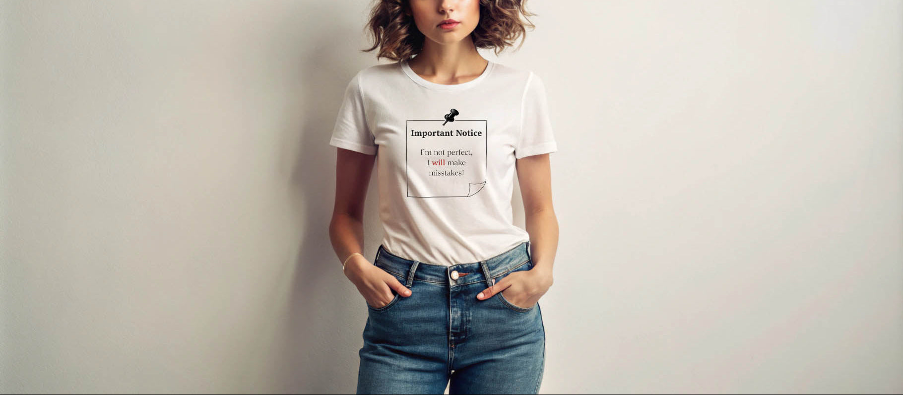 Woman wearing a white slogan T-shirt featuring the text “Important Notice: I’m not perfect, I will make mistakes,” with “will” highlighted in red, styled with blue jeans on a neutral background.