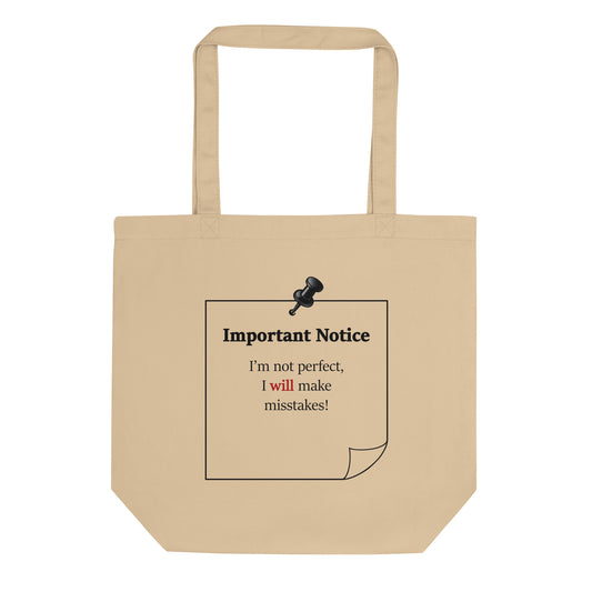 Compact eco-friendly cotton tote bag with motivational quote design, "I'm not perfect i will make mistakes.