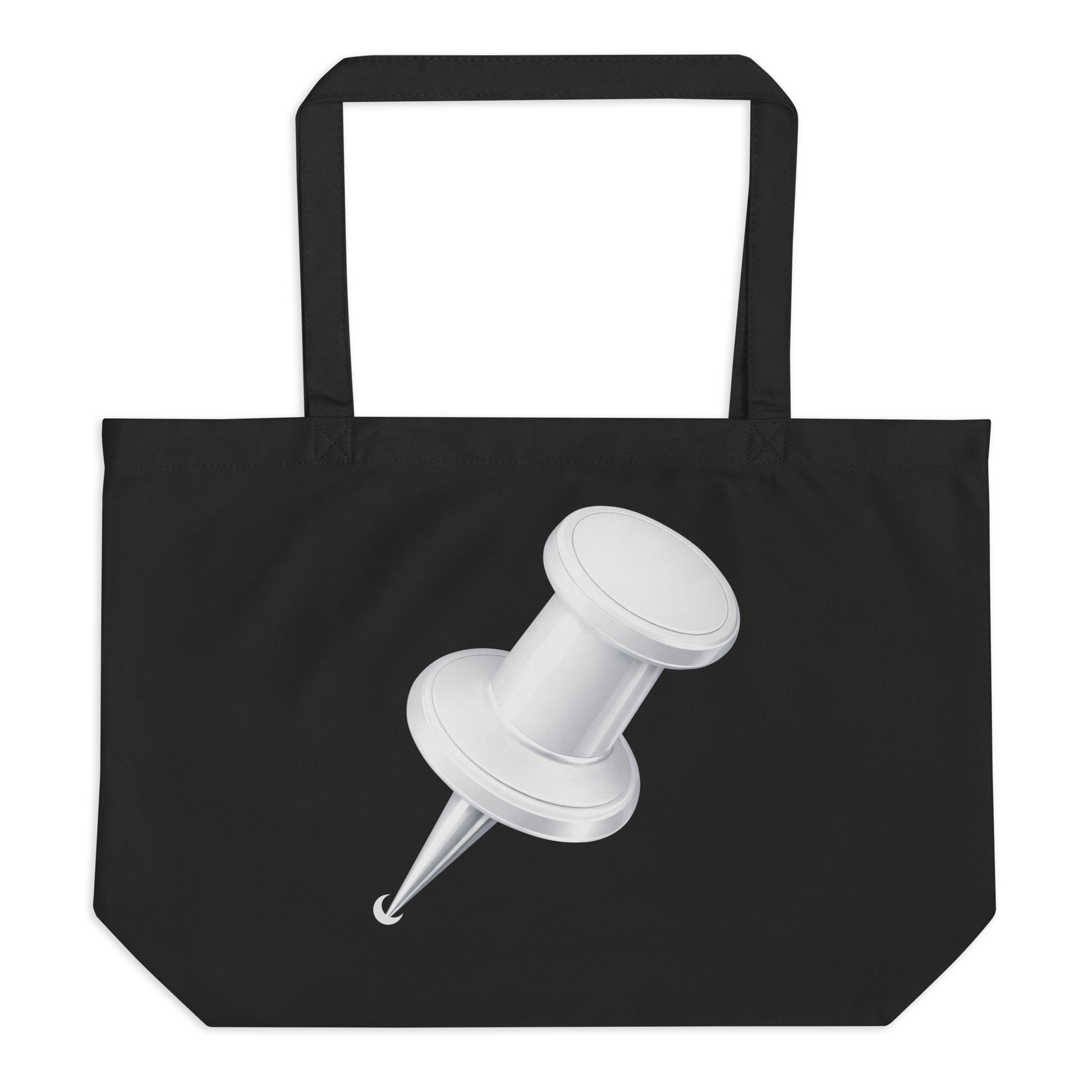 Large black organic cotton tote bag featuring a bold white push pin graphic on the front