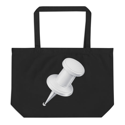 Large black organic cotton tote bag featuring a bold white push pin graphic on the front