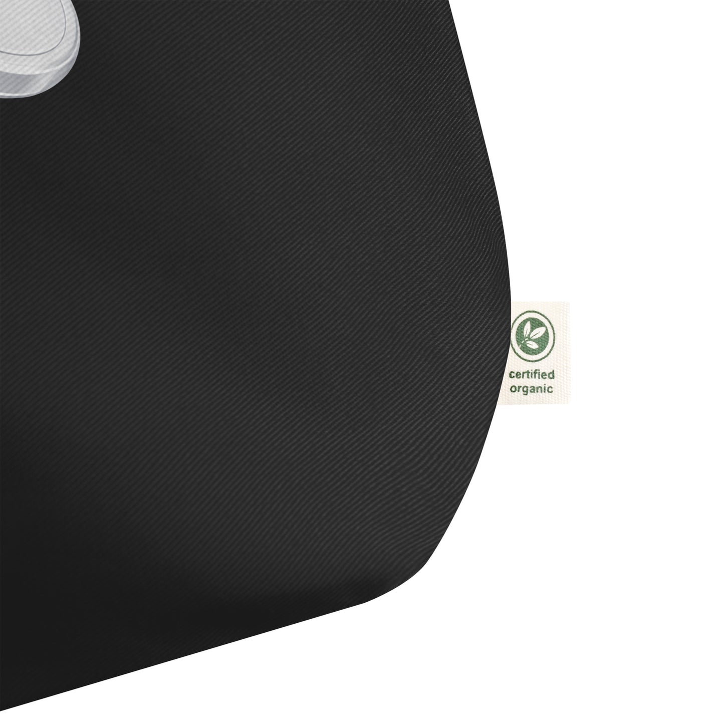 Black tote bag with a certified organic label on a white background.
