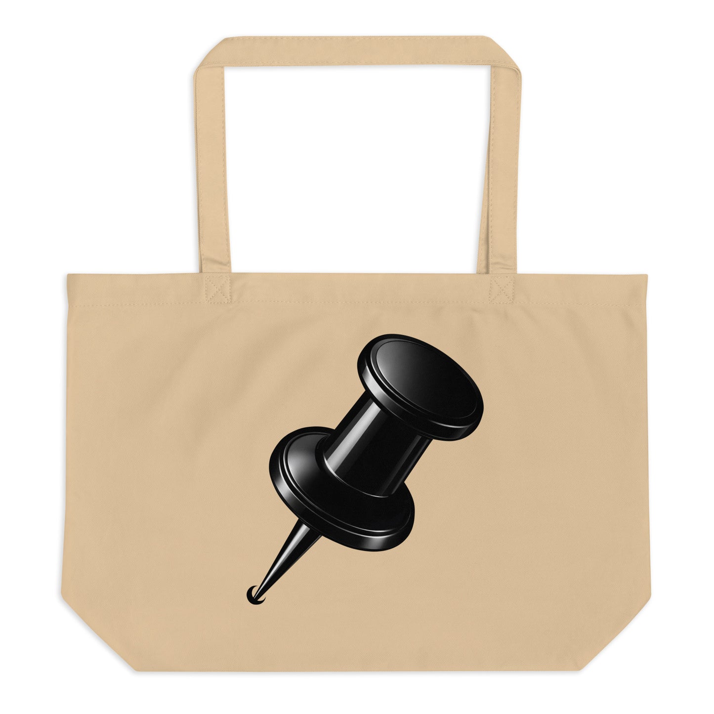 Organic cotton tote bag with large black drawing pin.