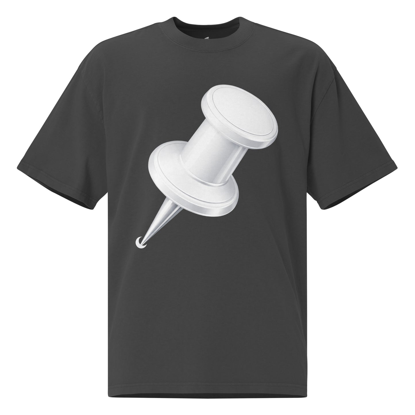 Oversized faded black  t-shirt with  a large white drawing pin graphic 