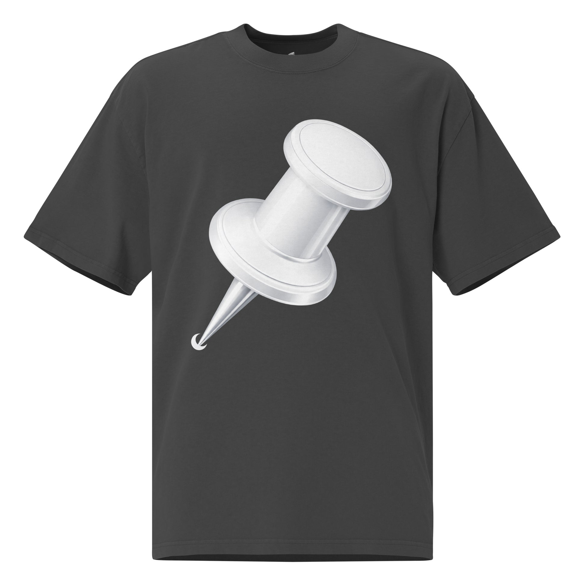 Oversized faded black  t-shirt with  a large white drawing pin graphic 