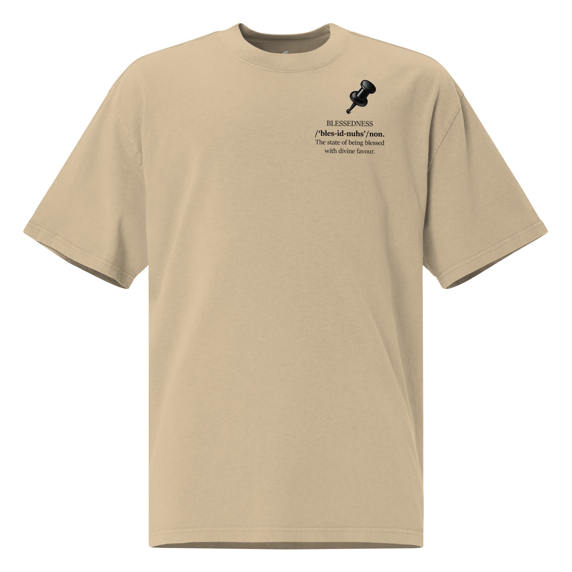 Oversized faded graphic t-shirt with BLESSEDNESS slogan meaning divine favour in minimalist typography