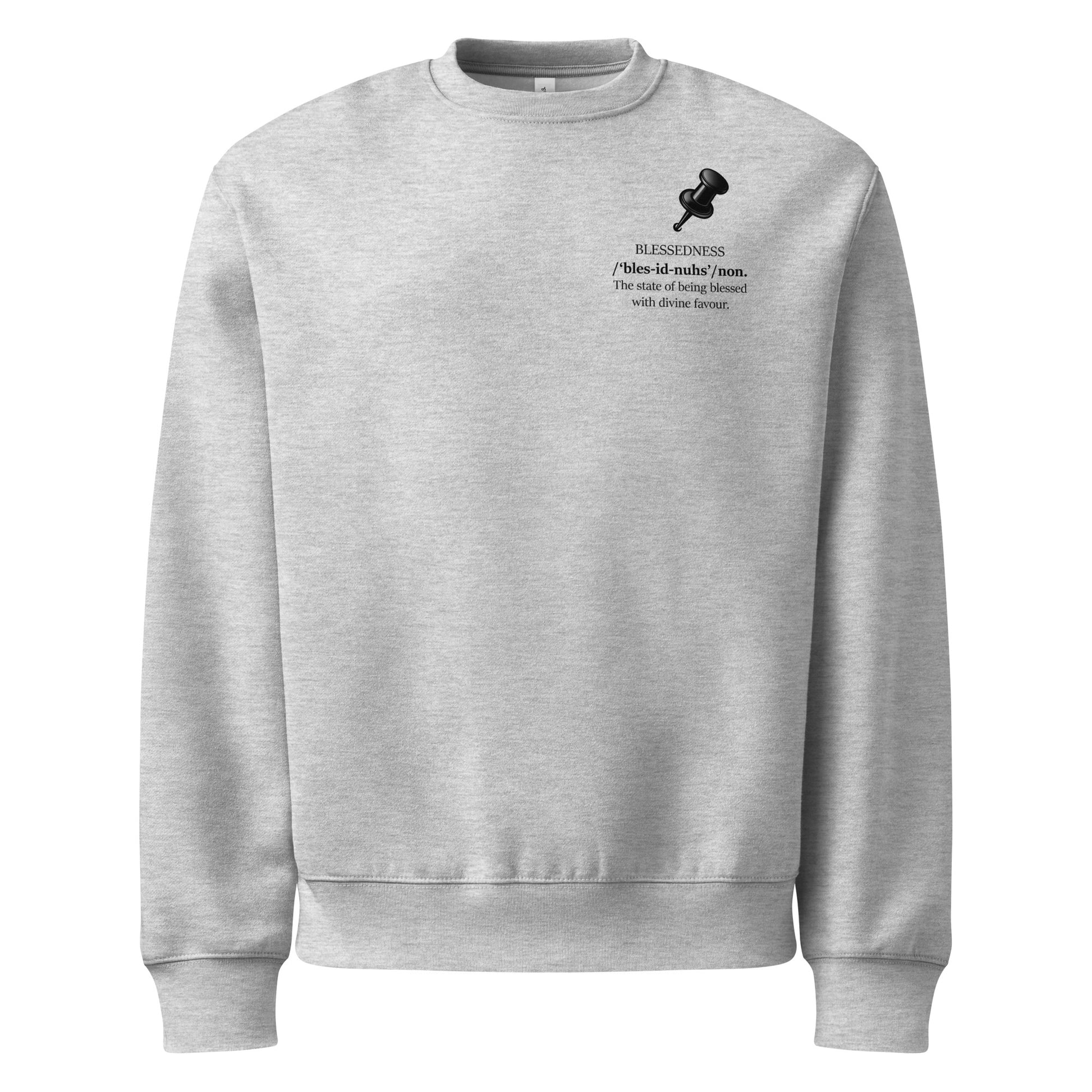 Front view of athletic heather oversized heavyweight sweatshirt with “BLESSEDNESS.”,statement and push pin graphic.