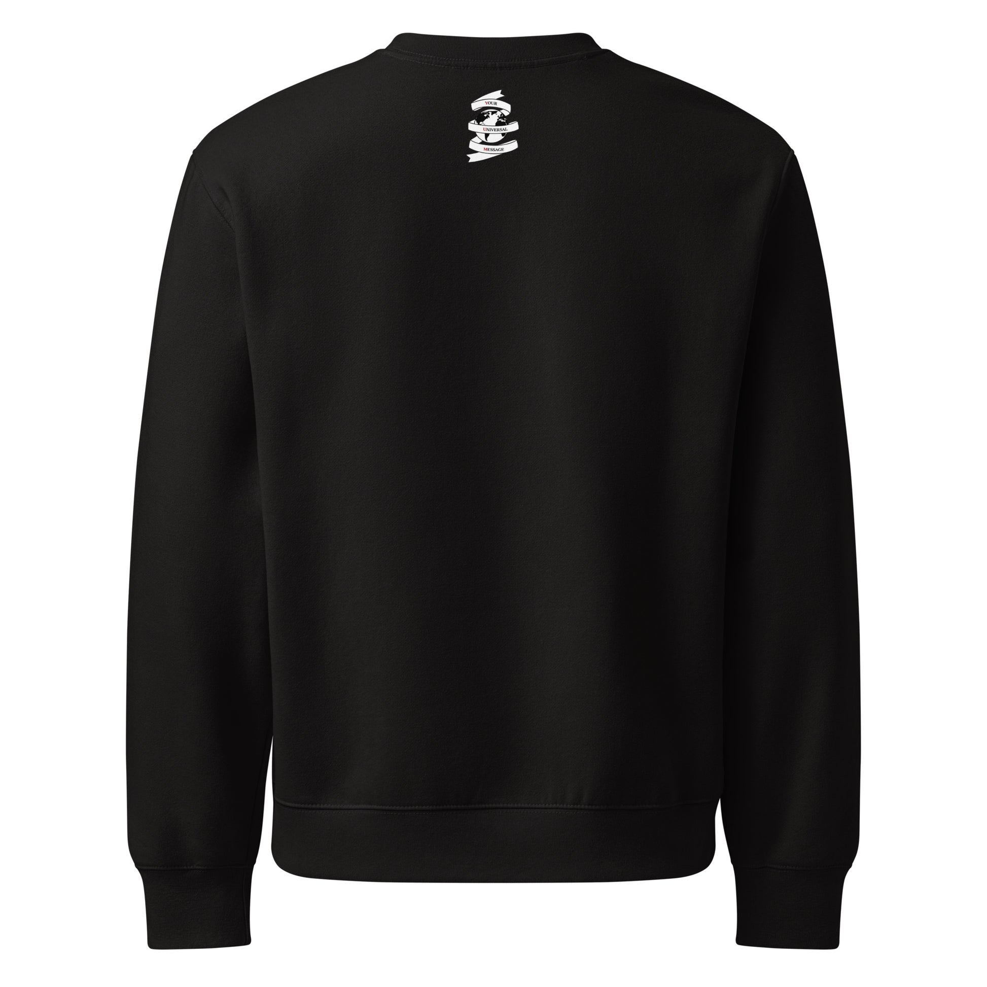 Oversized black sweatshirt rear view with white statement logo graphic