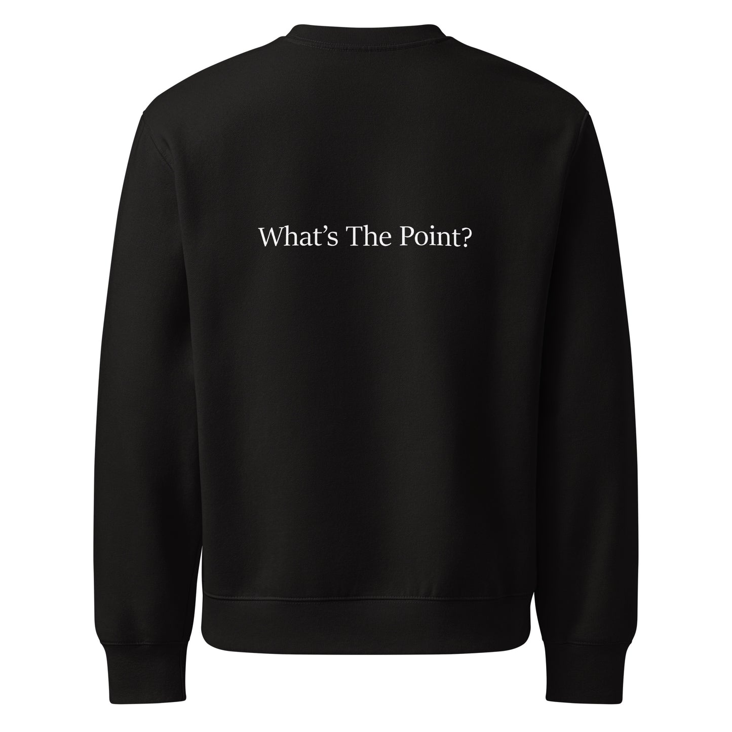 Back view of black oversized heavyweight sweatshirt with “What’s The Point?” typography in white.