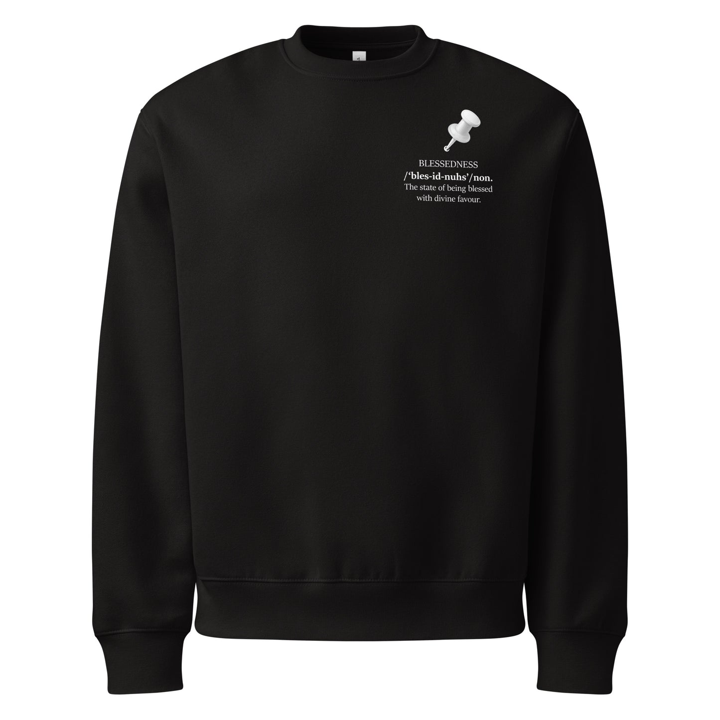 Black oversized heavyweight sweatshirt with white
“BLESSEDNESS” graphic and push pin design front view
