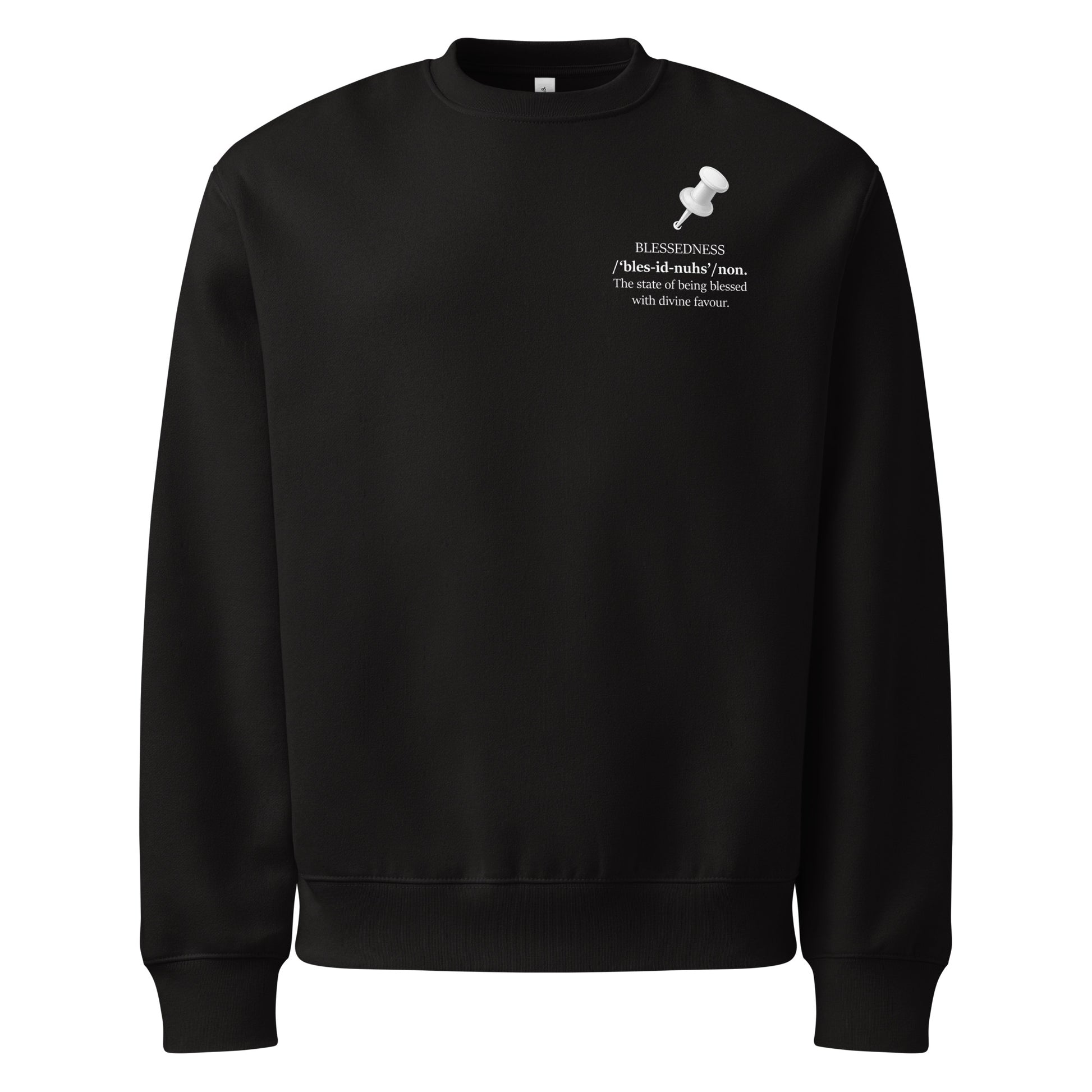 Black oversized heavyweight sweatshirt with white
“BLESSEDNESS” graphic and push pin design front view