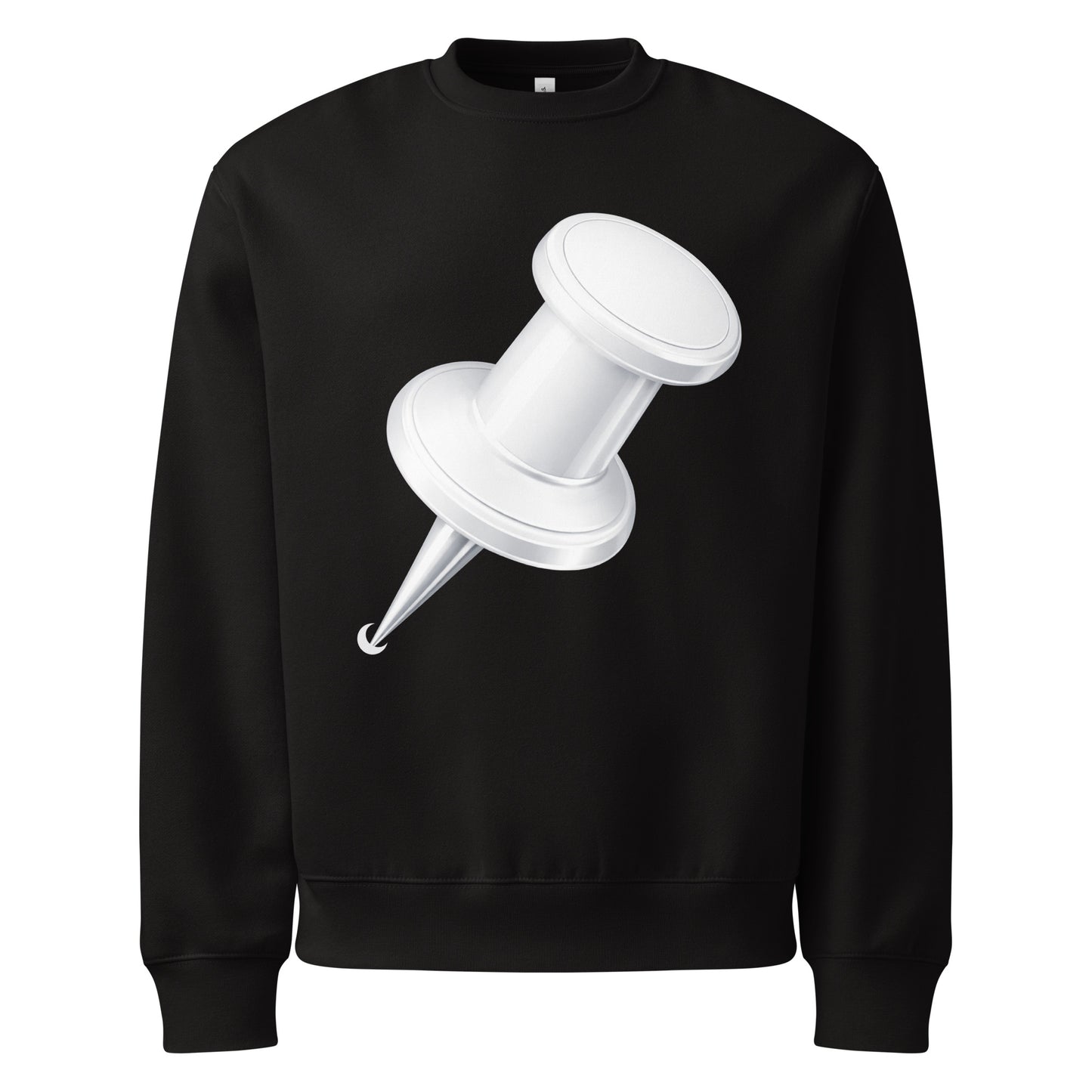 Black oversized heavyweight sweatshirt featuring large white push pin graphic front view