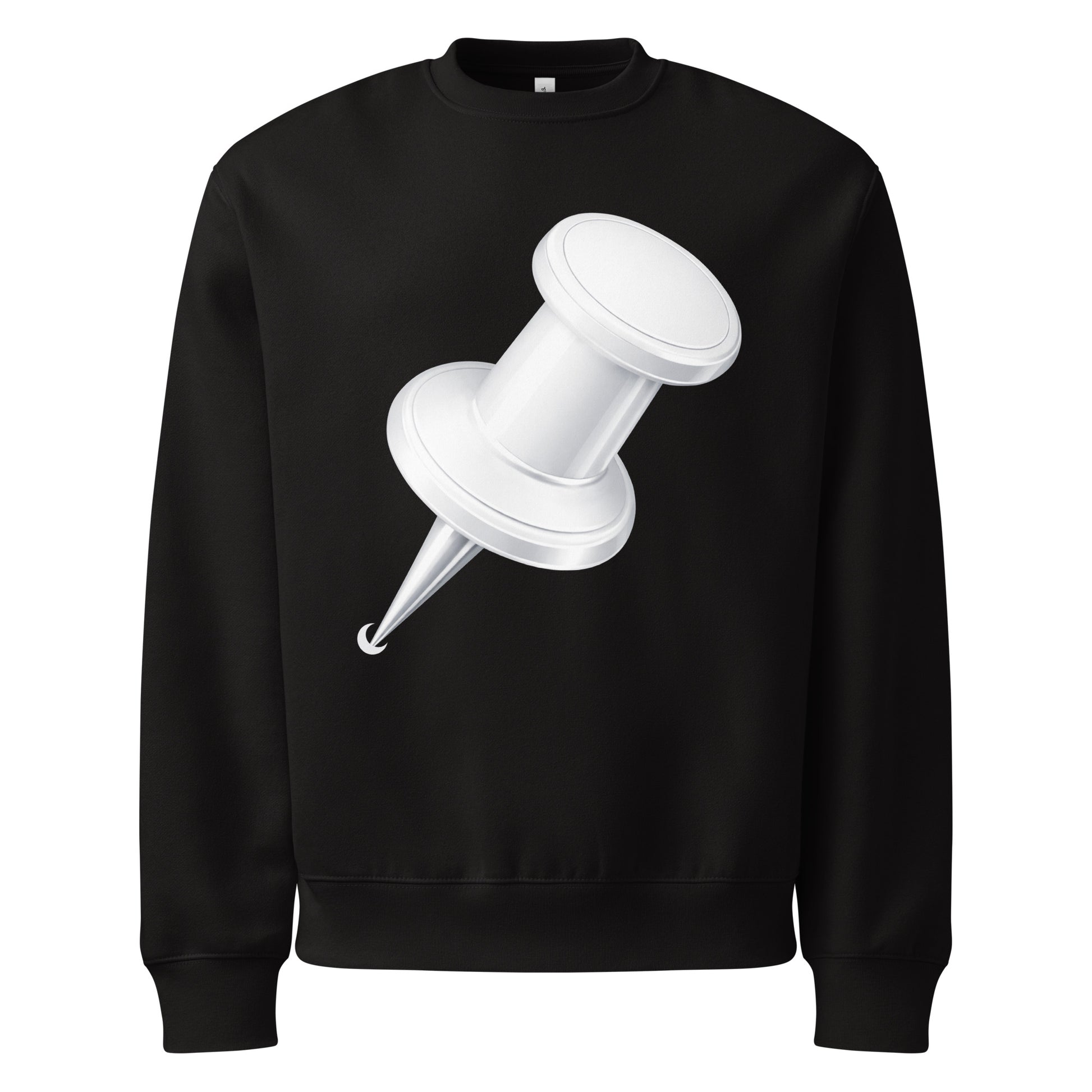 Black oversized heavyweight sweatshirt featuring large white push pin graphic front view