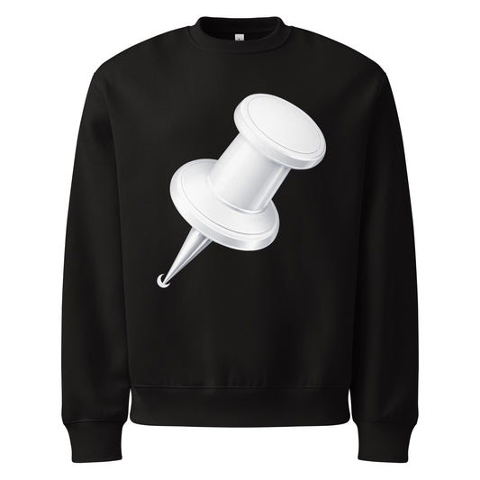 Black oversized heavyweight sweatshirt featuring large white push pin graphic front view