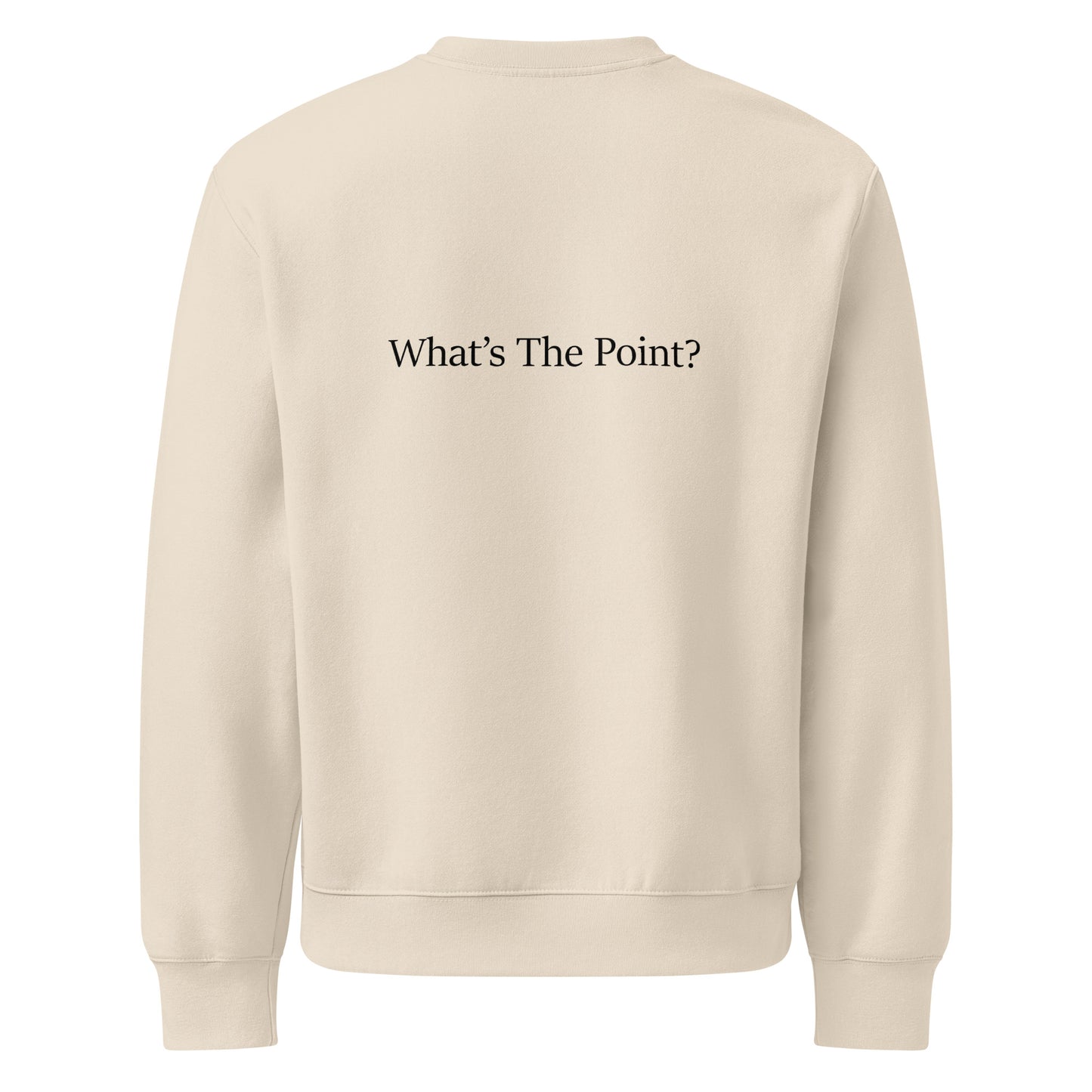 Dust colour oversized heavyweight sweatshirt with black text slogan “What’s The Point?” printed text on the back.
