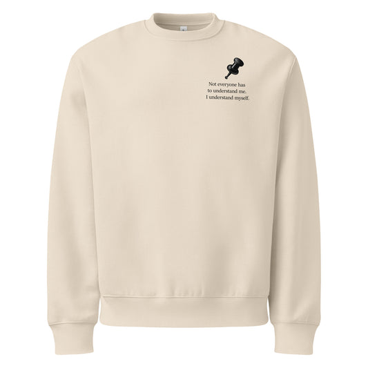 Dust oversized heavyweight sweatshirt with “Not Everyone Has to Understand Me i understand myself” slogan and drawing pin graphic.