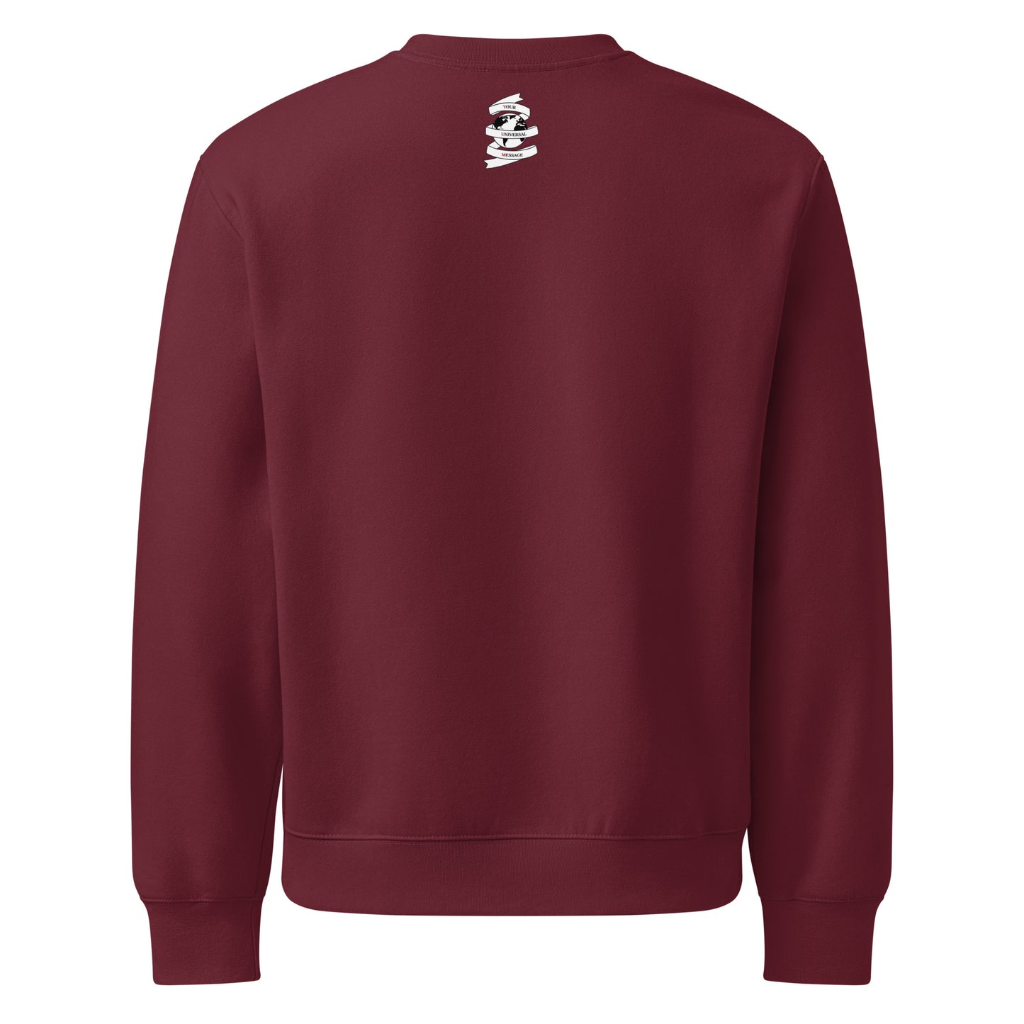 Back view of maroon oversized heavyweight sweatshirt with minimalist white logo Your Universal Message 