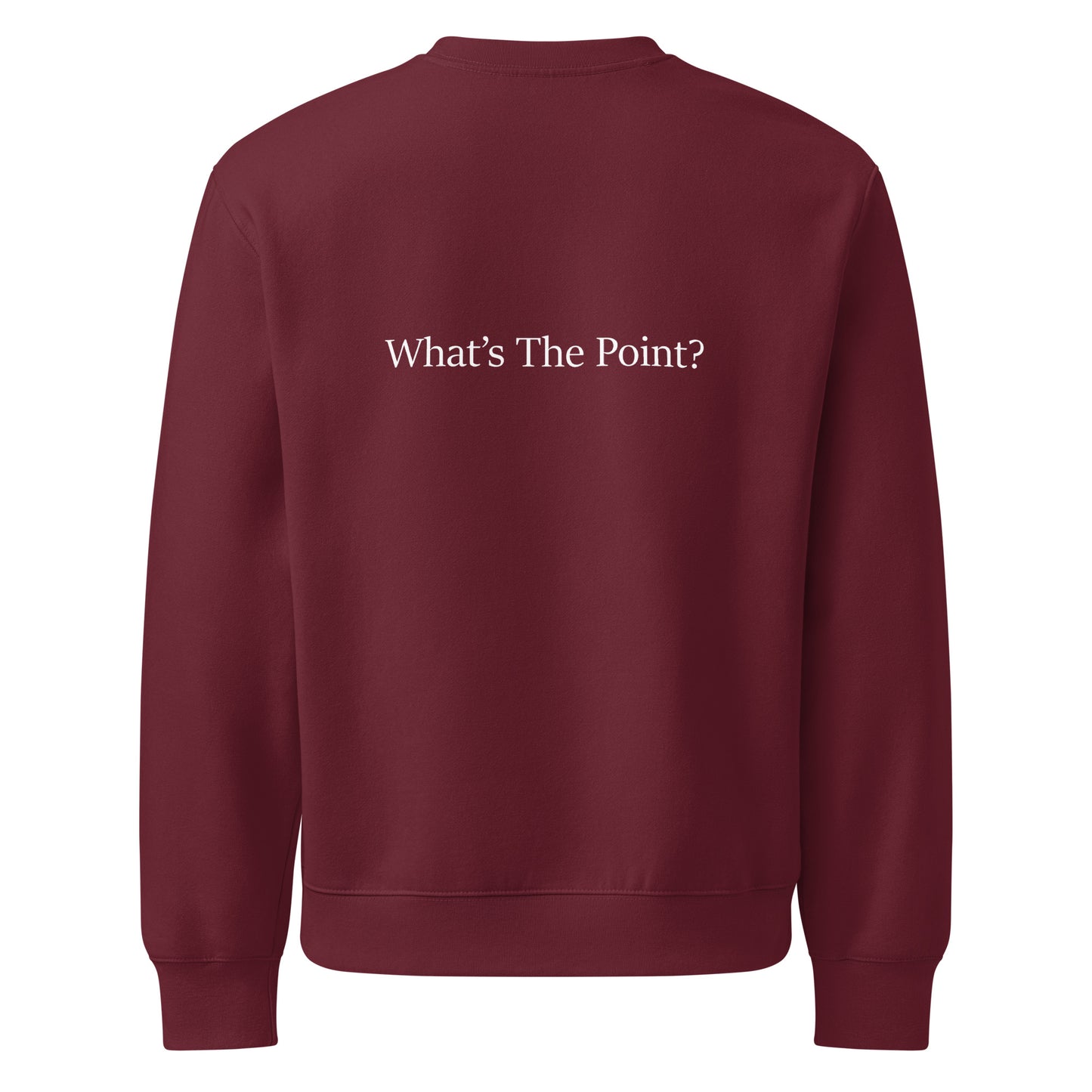 Back view of maroon oversized heavyweight sweatshirt with “What’s The Point?” typography in white.