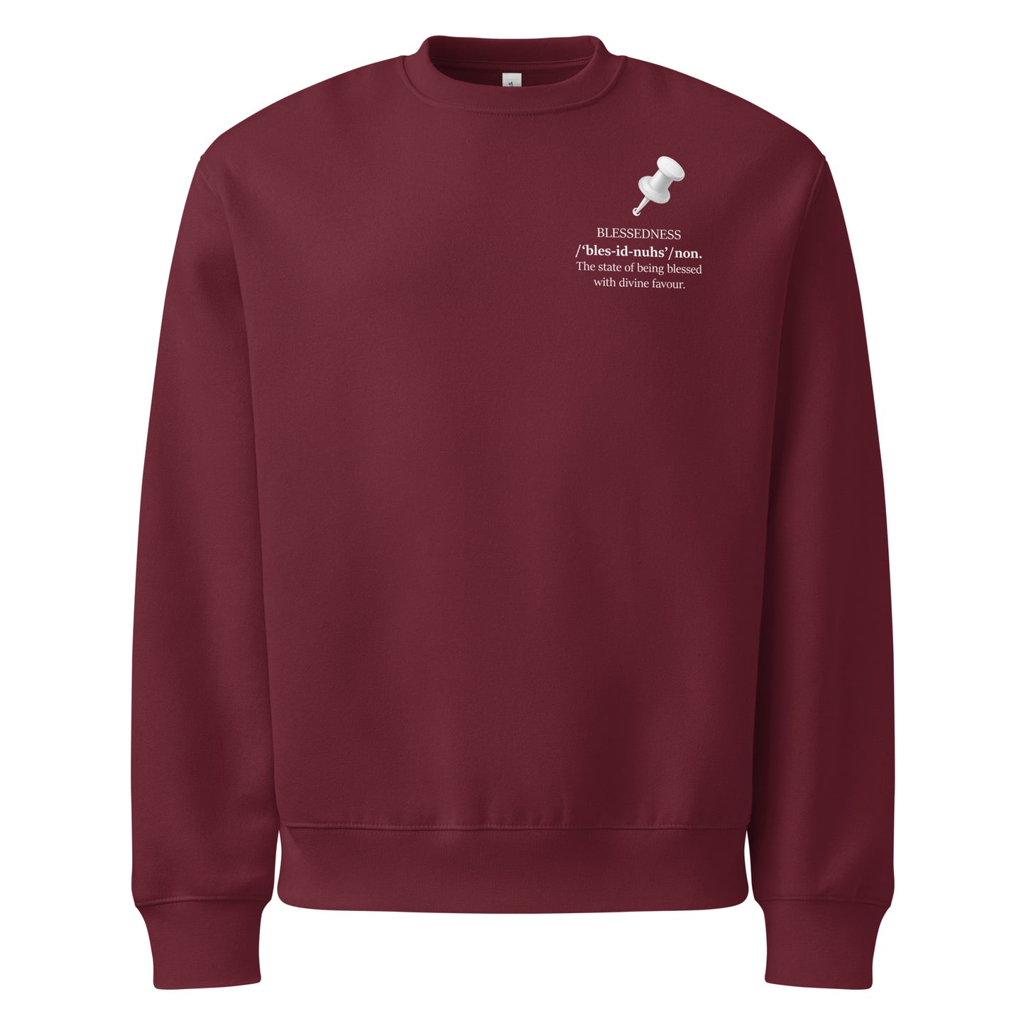 Maroon oversized heavyweight sweatshirt with white “BLESSEDNESS” graphic and push pin illustration front view