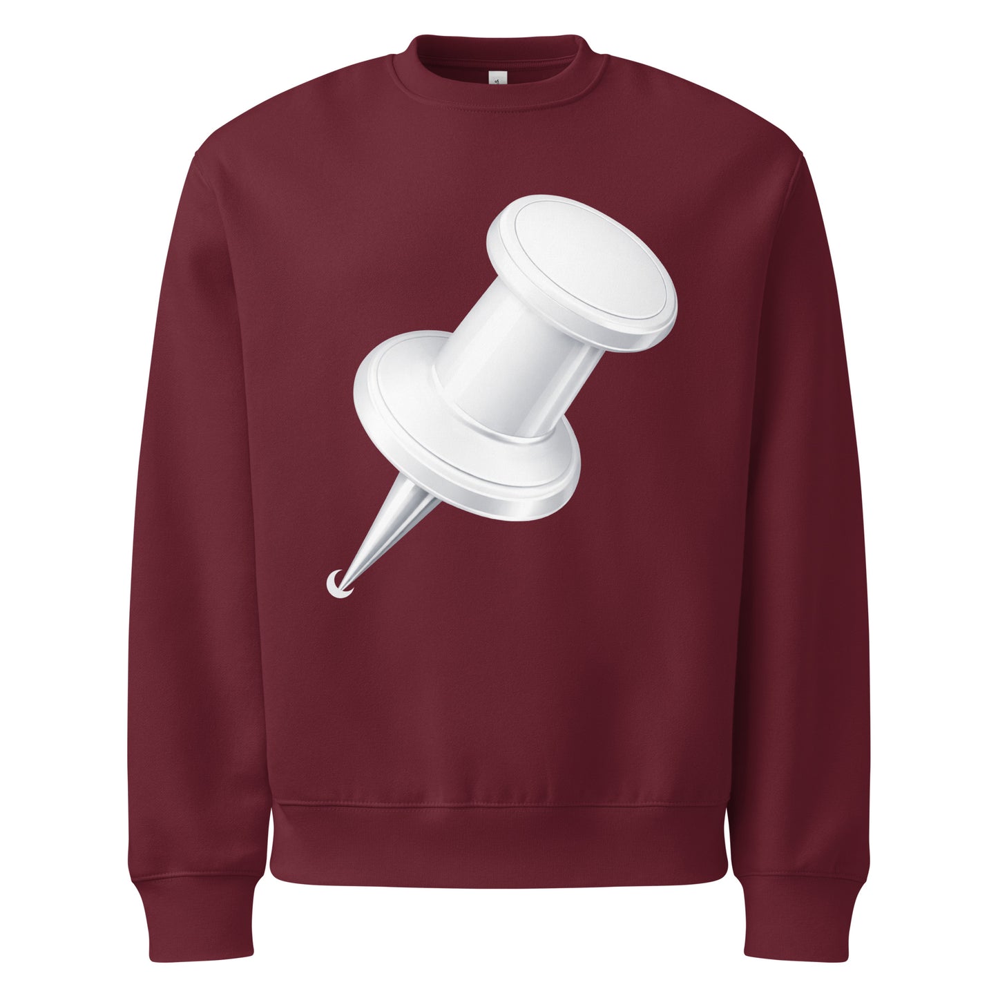 Maroon oversized heavyweight sweatshirt featuring large white push pin graphic front view