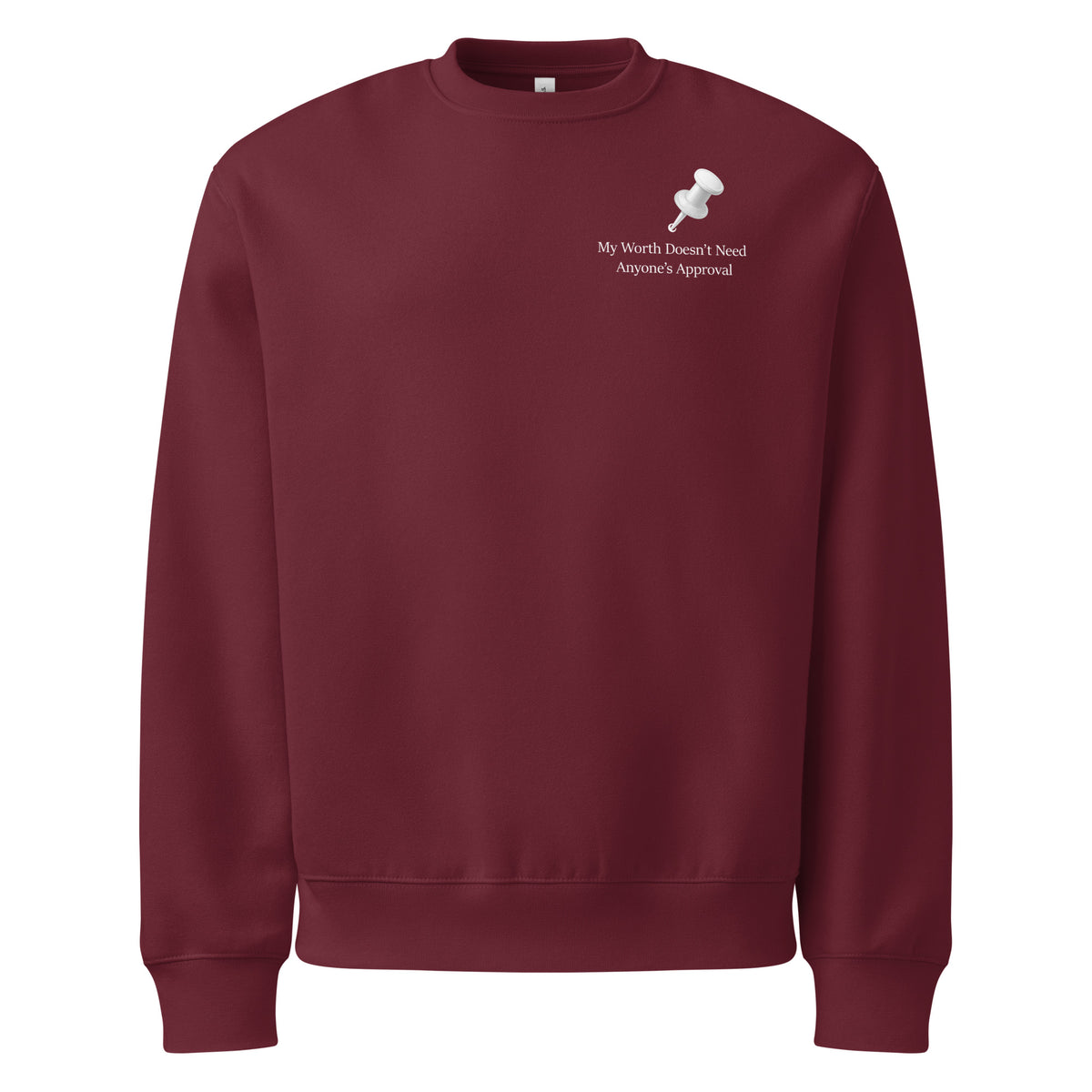 Oversized maroon sweatshirt featuring minimalist white statement typography and push pin design