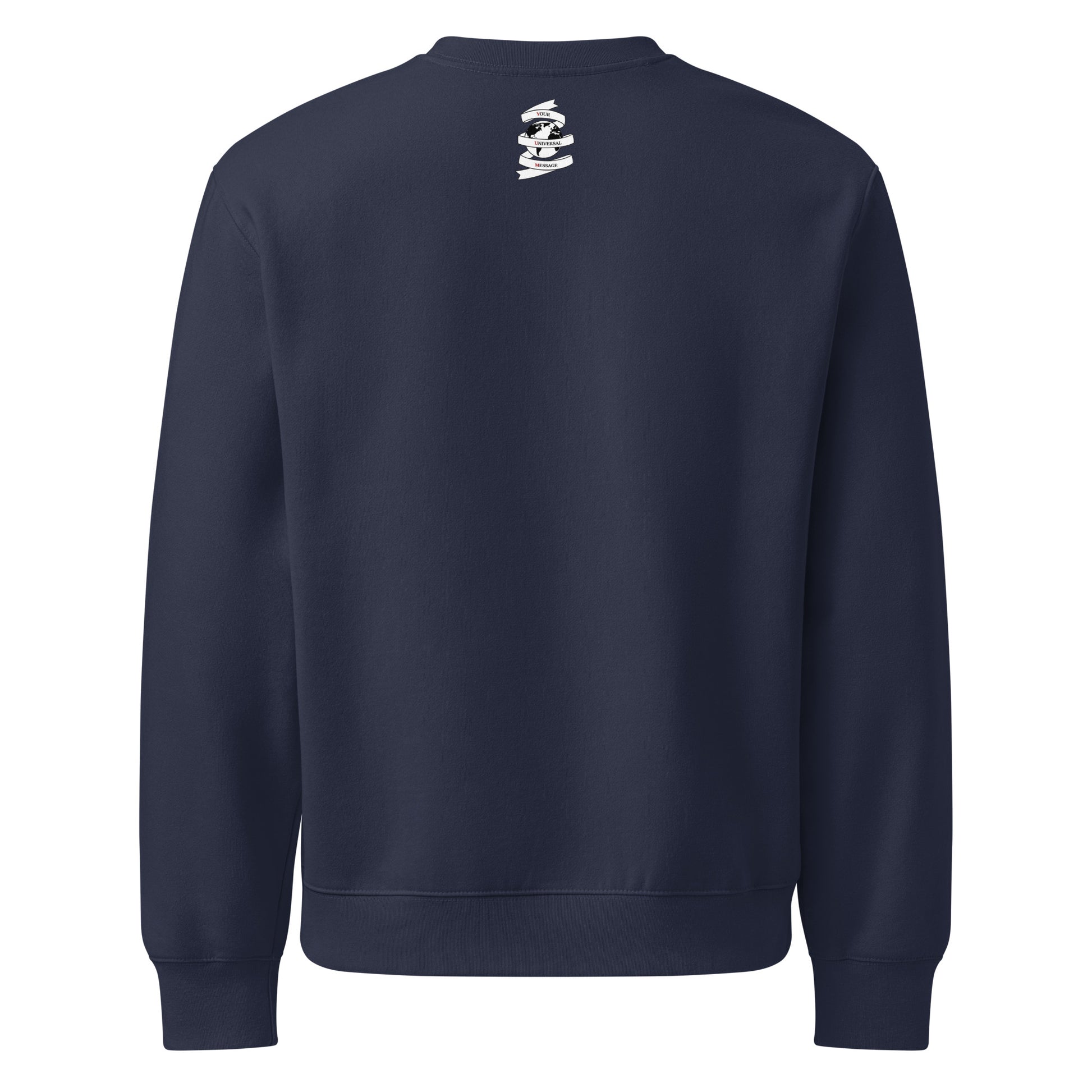 Back view of navy oversized heavyweight sweatshirt with white logo detail