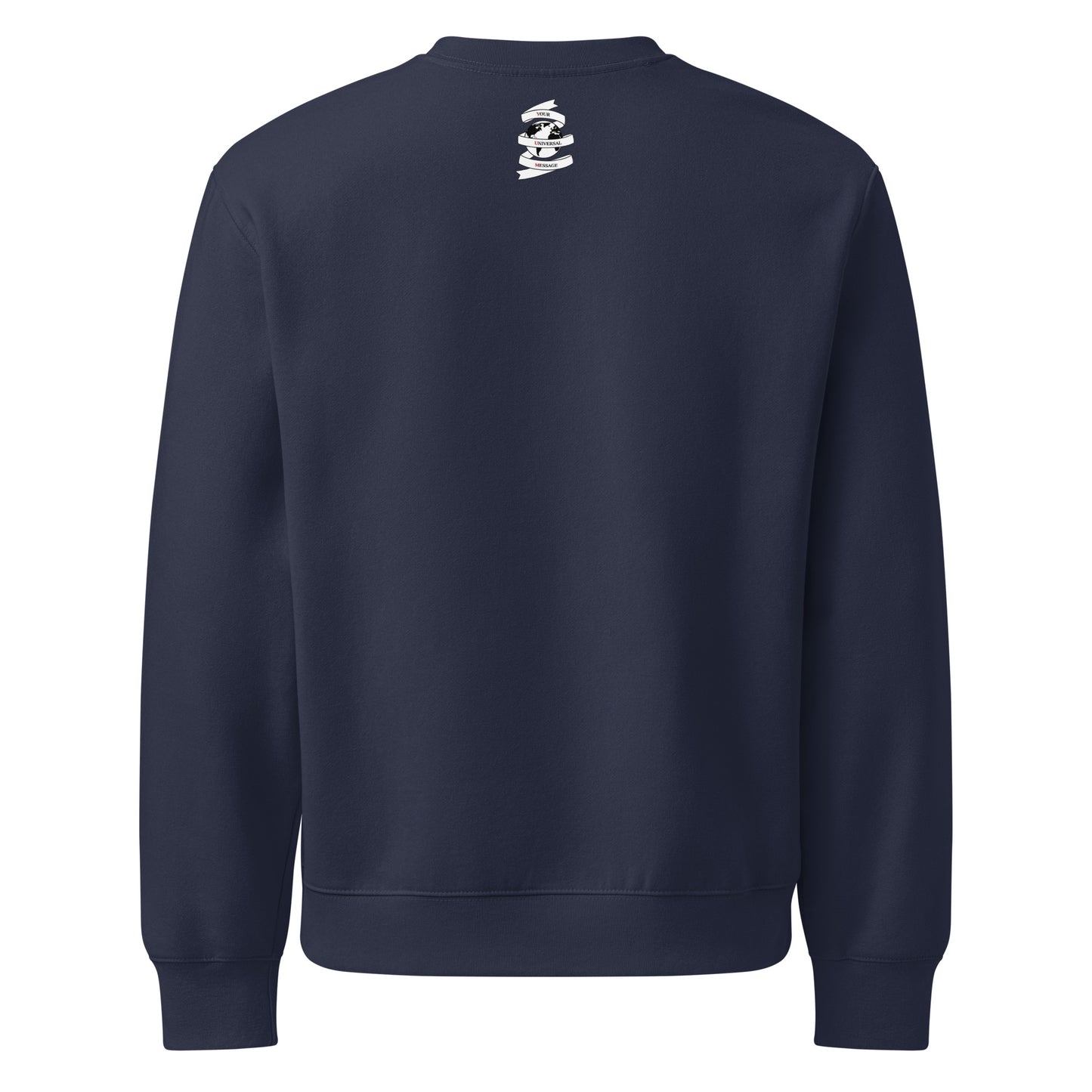 Navy unisex crewneck sweatshirt featuring brand logo on back.