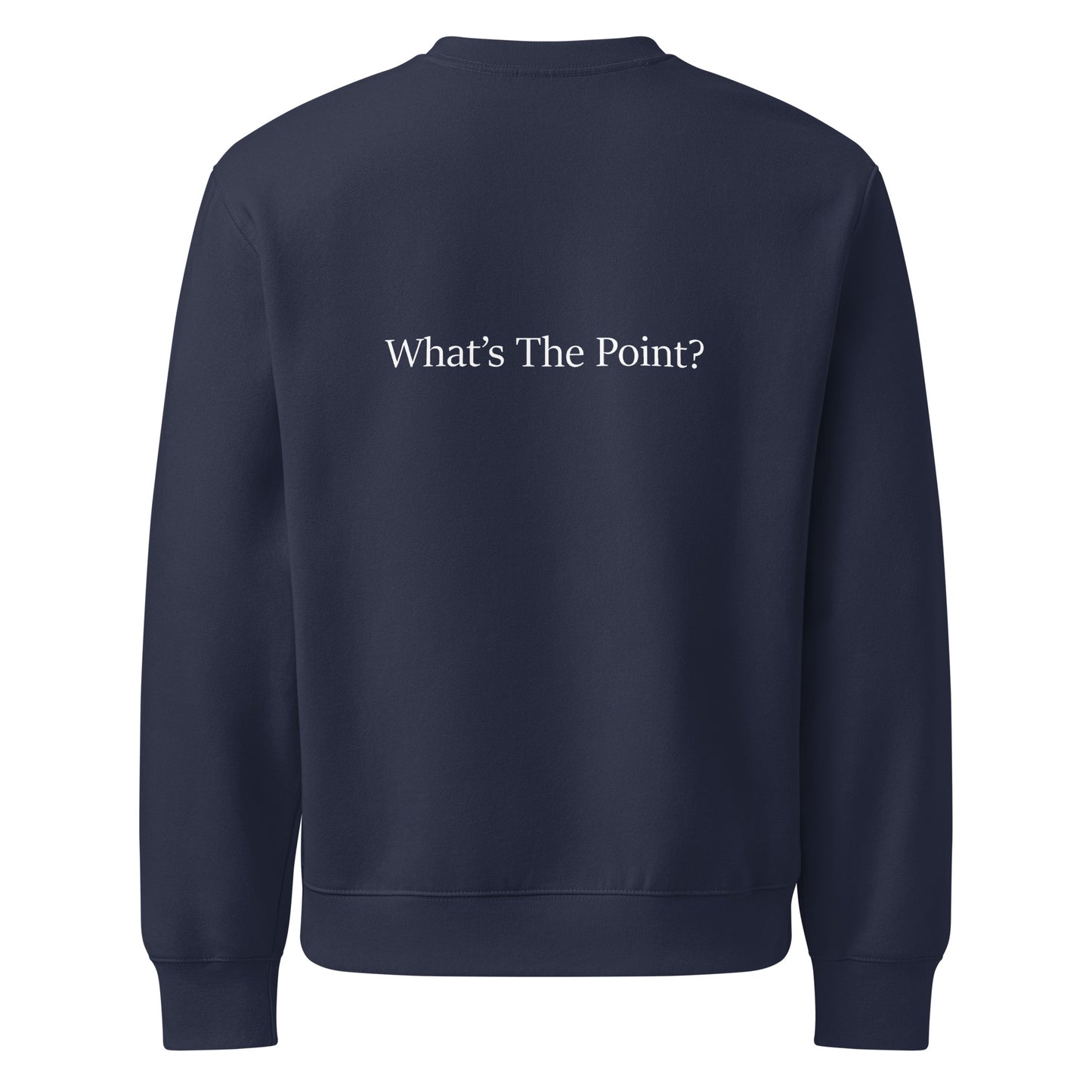 Back view of navy oversized heavyweight sweatshirt with “What’s The Point?” typography in white.