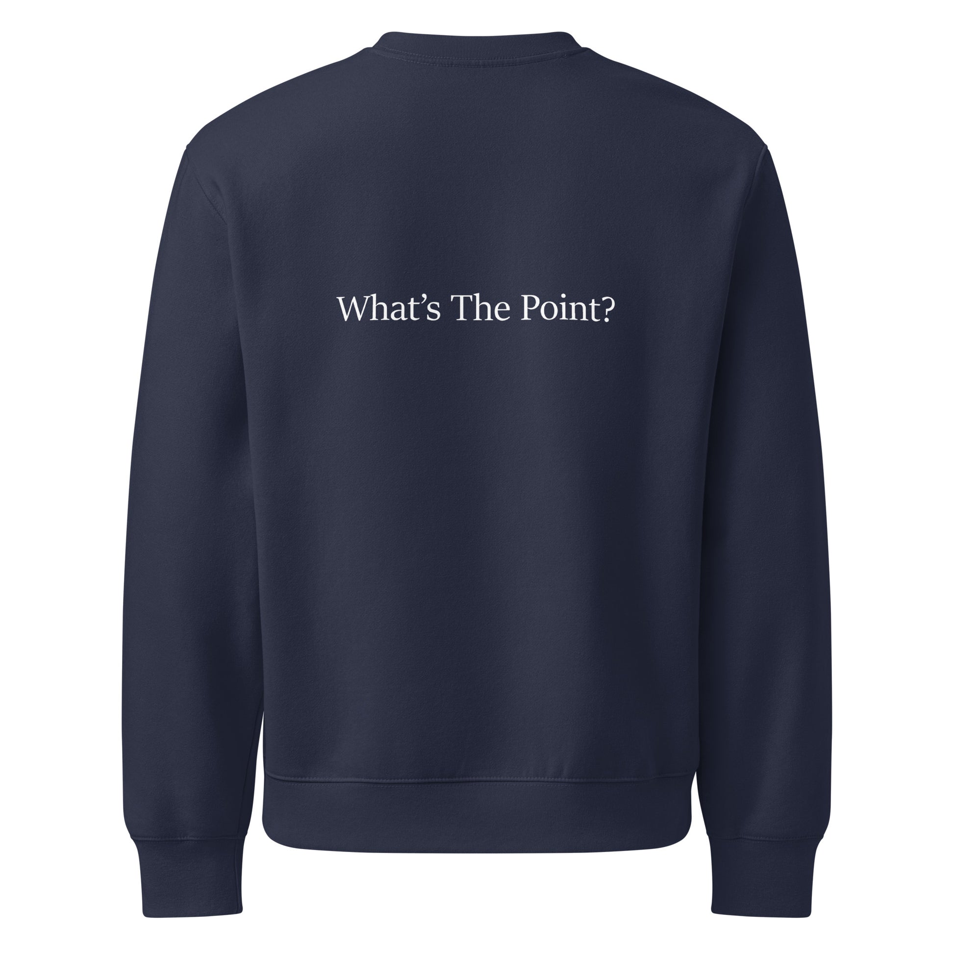 Back view of navy oversized heavyweight sweatshirt with “What’s The Point?” typography in white.
